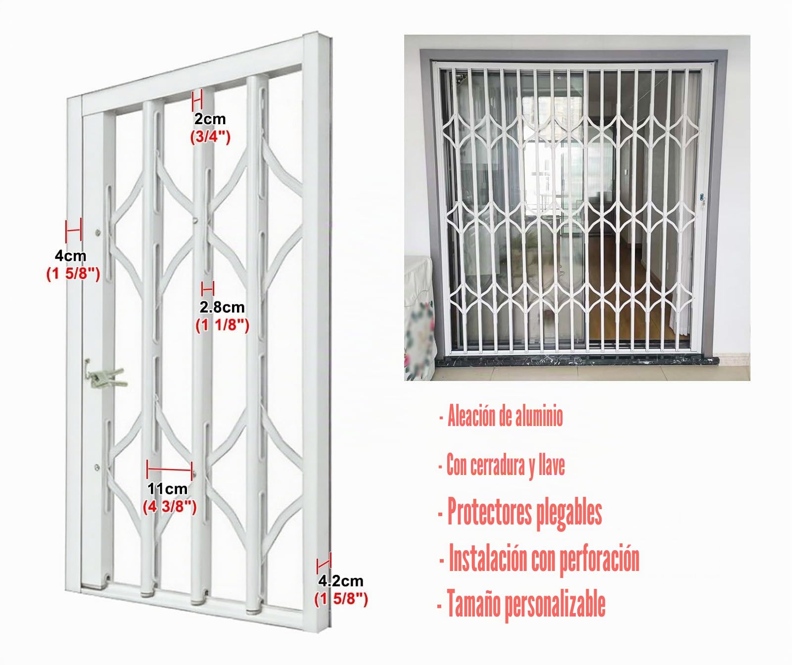 Rejas para Ventanas Exteriores Rejas Abatibles Blancas de Metal para Ventanas, Rejas de Seguridad para Ventanas con Cerradura, Rejas de Seguridad Antirrobo para Ventanas/ Reja para Ventanas, Extra Anc