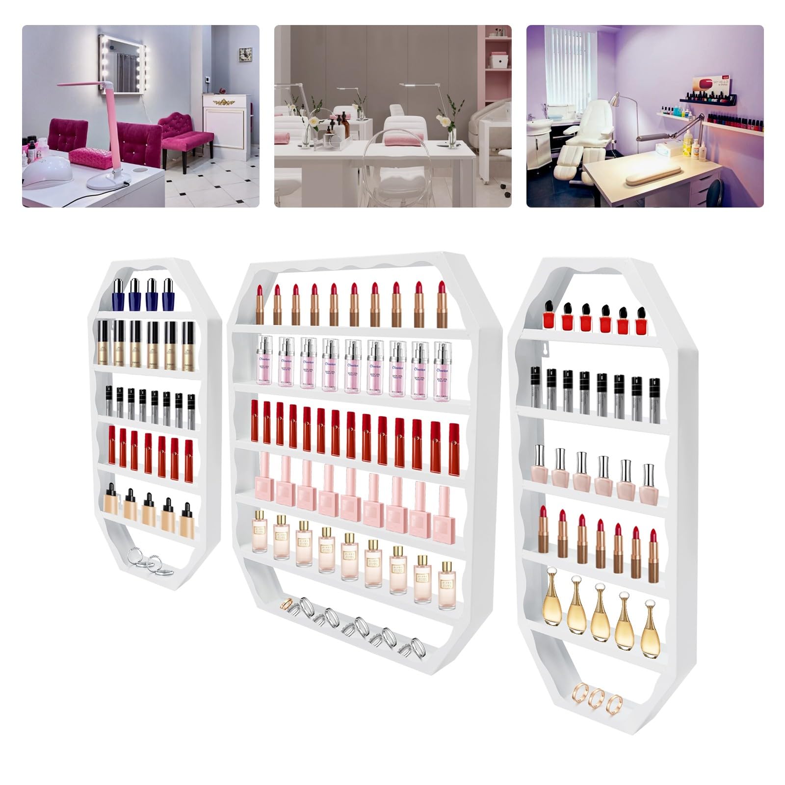 Étagère murale en métal pour vernis à ongles, rangement de vernis à ongles, étagère cosmétique, 3 pièces, 60 cm, 72 cm, pour la maison et le salon de manucure (blanc)