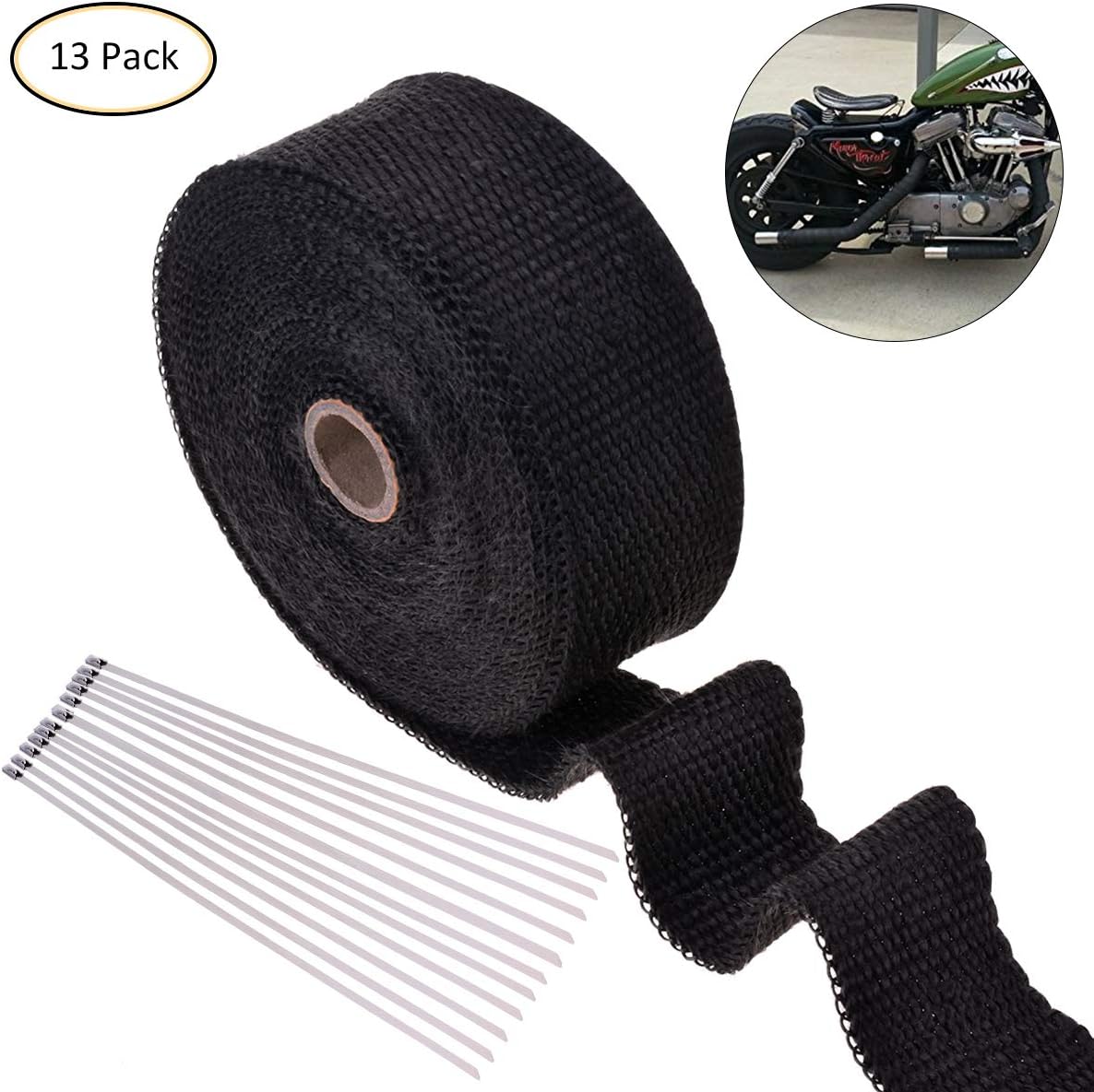 OZUAR 10m Car Motorcycle Exhaust Wrap Tape Fiberglass Heat Shield 4.5CM*10M + 10pcs Stainless Cable Ties