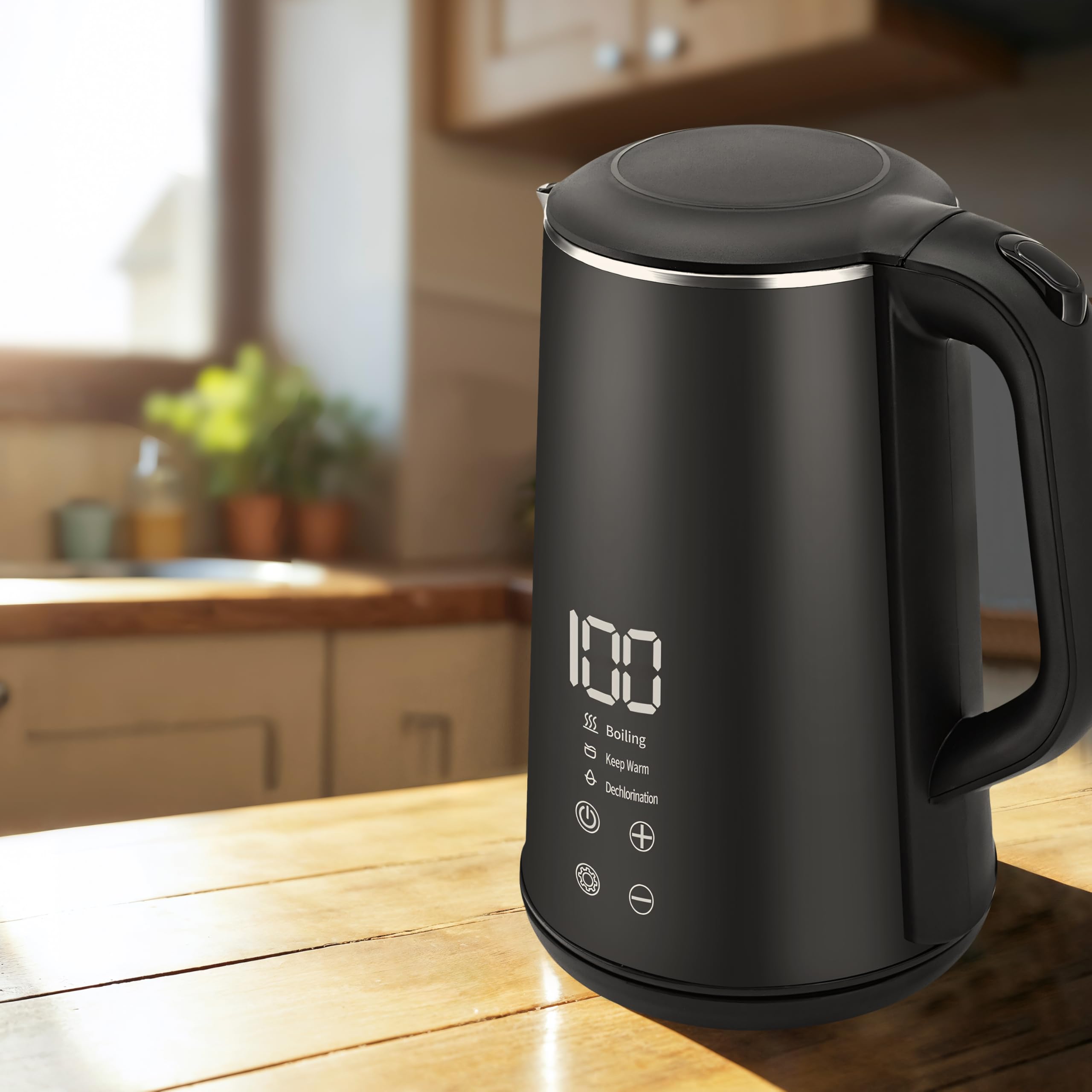 Retoo Hervidor de Agua Eléctrico 1,6L con Pantalla Táctil LED 1500 W, Inalámbrico, Base de 360°, Interior de Acero Inoxidable sin BPA, Varios Niveles de Temperatura, Negro
