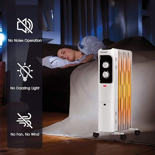 Miniatura 5 de COSTWAY Calentador de radiador lleno de aceite, calentador de aceite eléctrico de 1500 W con 3 modos de calefacción, termostato ajustable,