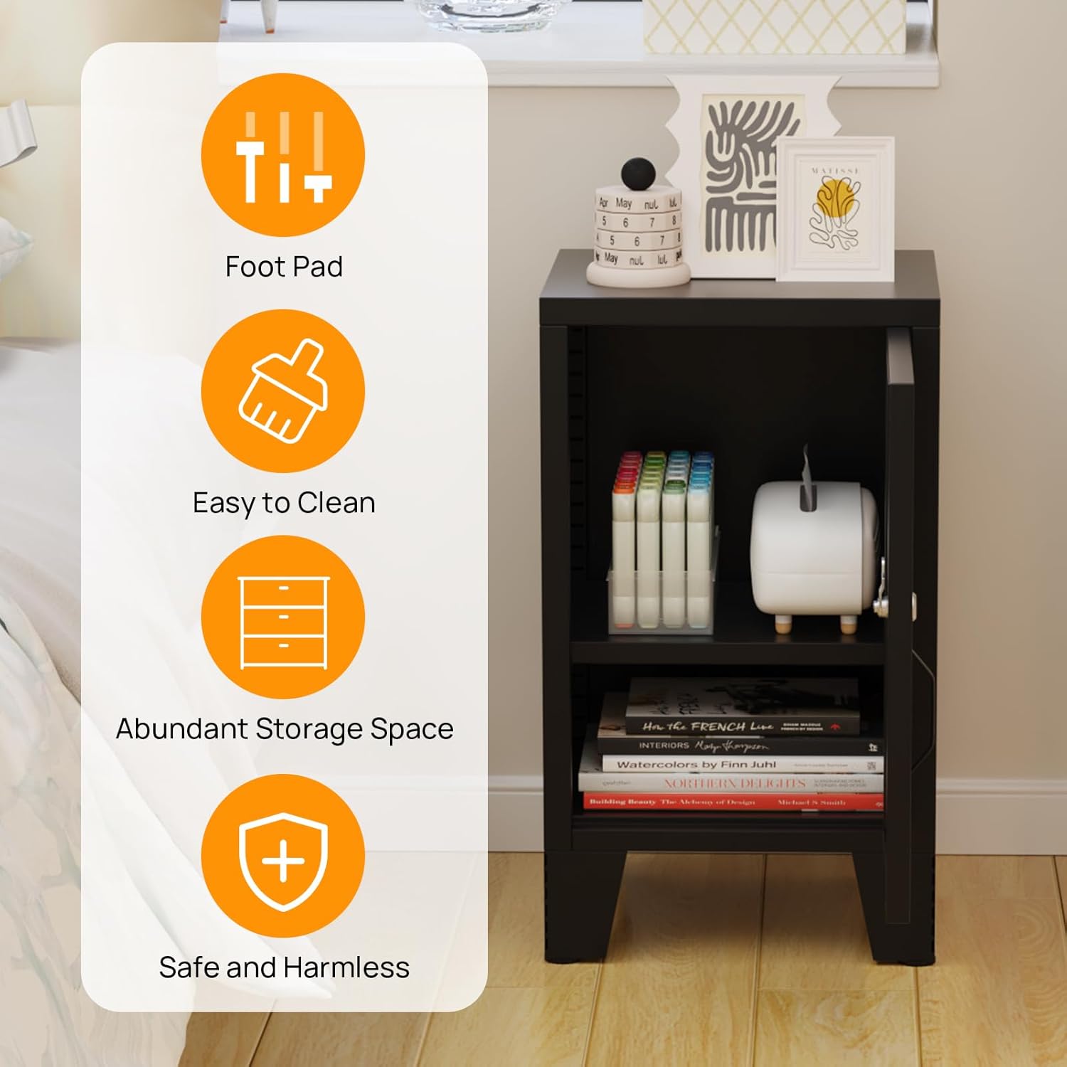 ALBAD Metal Nightstand with Lockable Cabinet, Compact Mini Locker Bedside Table for Kids & Adults, Modern Steel Side Table for Bedroom, Dorm, or Living Room (Black)