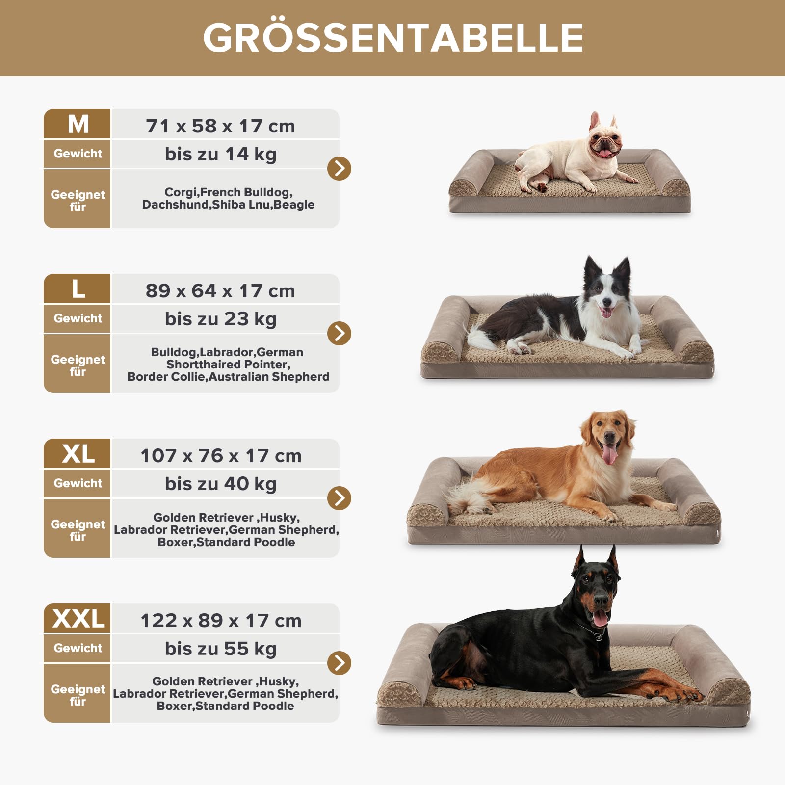 FURTIME Cuccia per cani di taglia grande, ortopedica, 89 x 64 cm, lavabile, ergonomica, con imbottitura rimovibile, antiscivolo, in gommapiuma, ortopedica