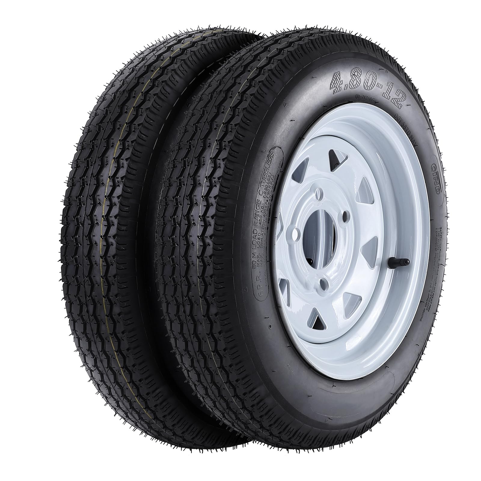 2 Pack 4.80-12 4.80x12 480-12 4.80-12 Trailer Tires with 12'' Rims, 4 Lug on 4'', Load Range C 6PR