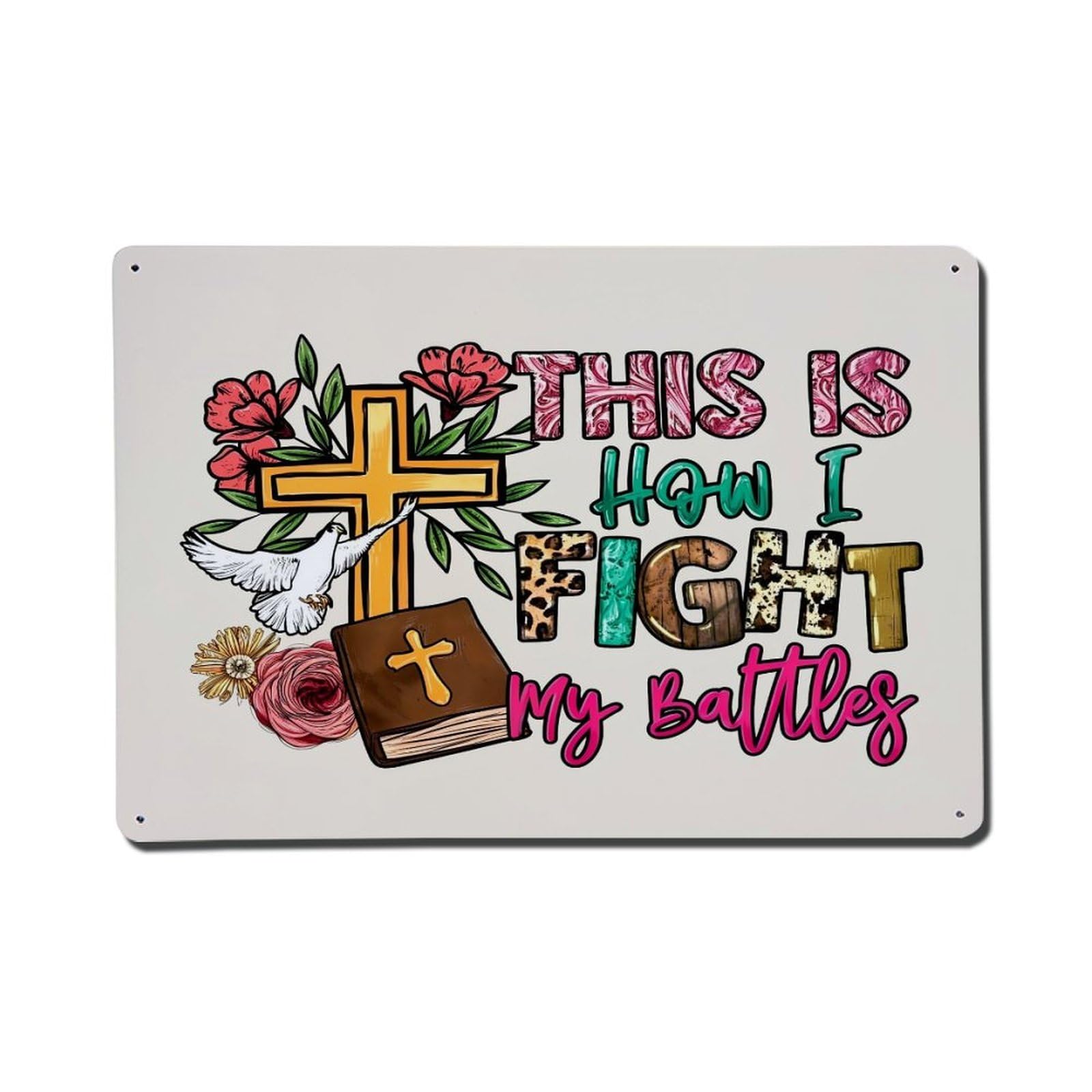 Cross Dove Bible Flowers Text Metal Tin Sign Plaque