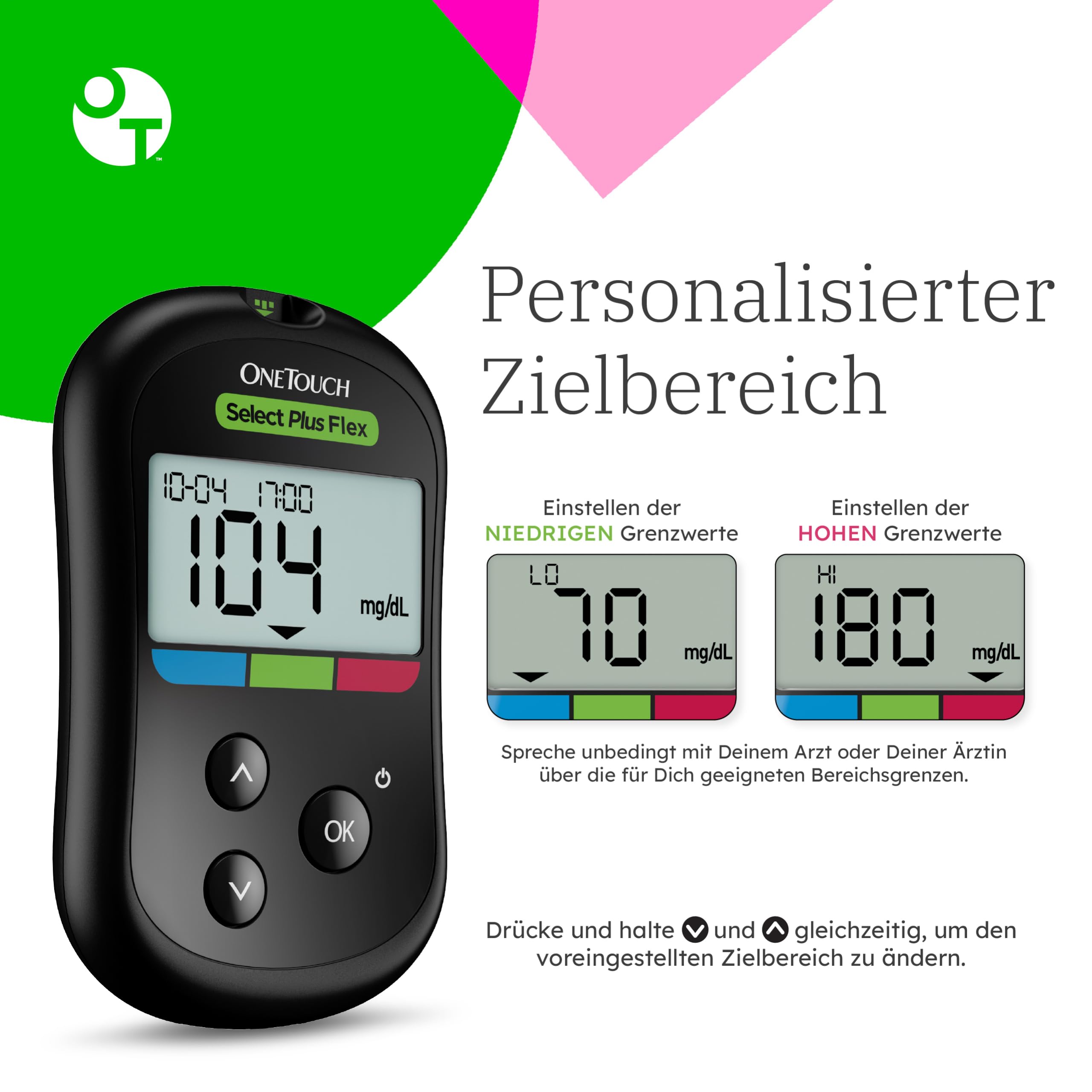 OneTouch Select Plus Flex® Blutzuckermessgerät (mg/dL) | 1 Messgerät, 10 Teststreifen, 1 Stechhilfe, 10 Lanzetten & 1 Etui