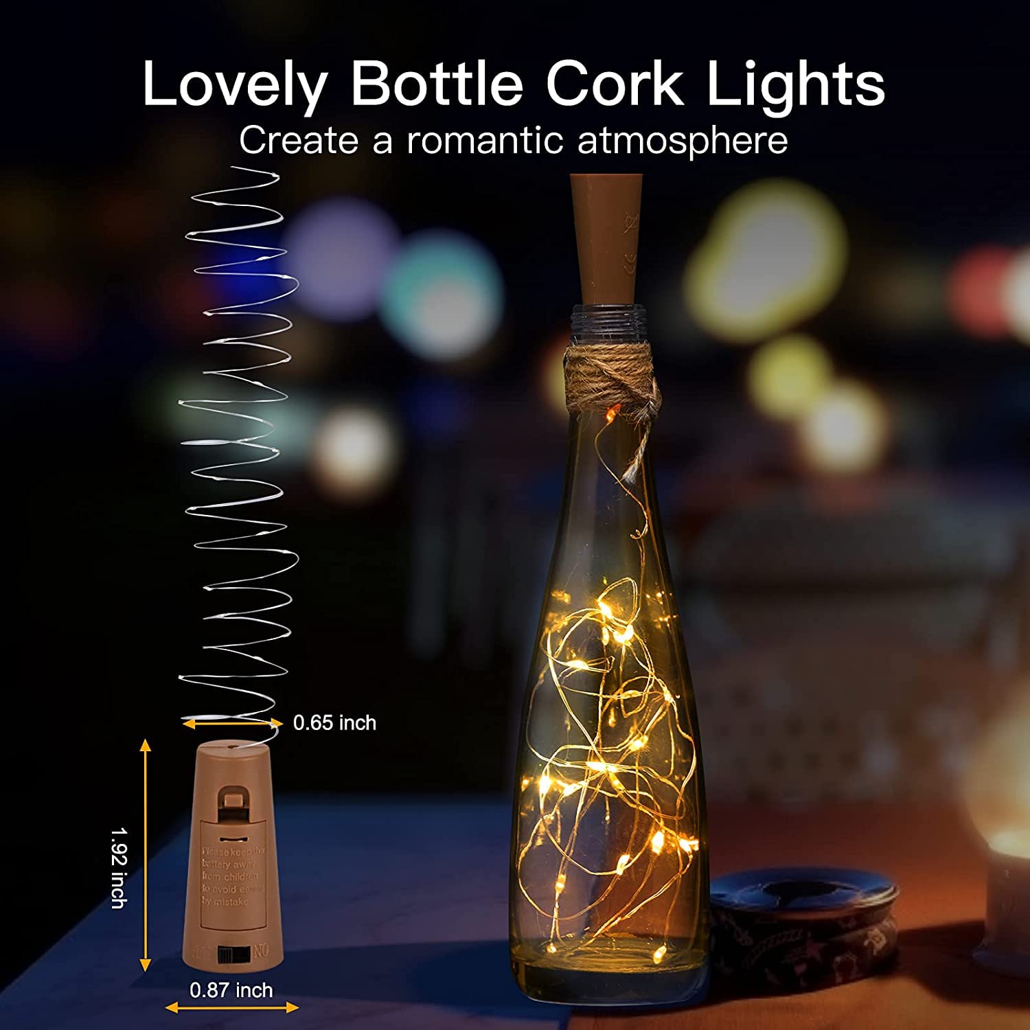 Stringa di luci in Filo di Rame con Sughero for Bottiglia di Vino da 20 LED, Funzionamento a Batteria da 2 m for Diwali, Natale, Valintine, Decorazione /631/3005