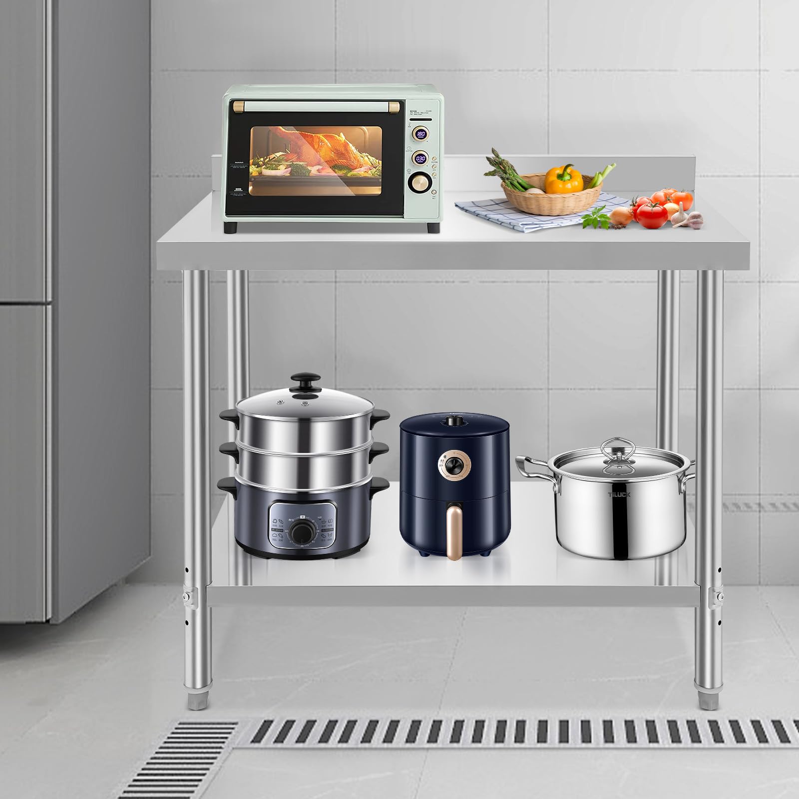 Tavolo da lavoro in acciaio inox a 2 ripiani, robusto con scomparto regolabile, portata 500 kg, per cucina, ristorante, bar e magazzino
