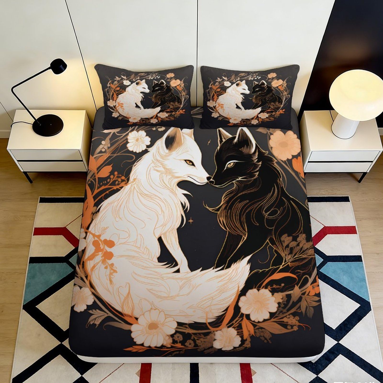 3D Printed Yin Yang Fox Fitted Sheet Microfiber Soft Breathable Black White Wolf Mattress Cover Bedroom Decor 90x200x25cm