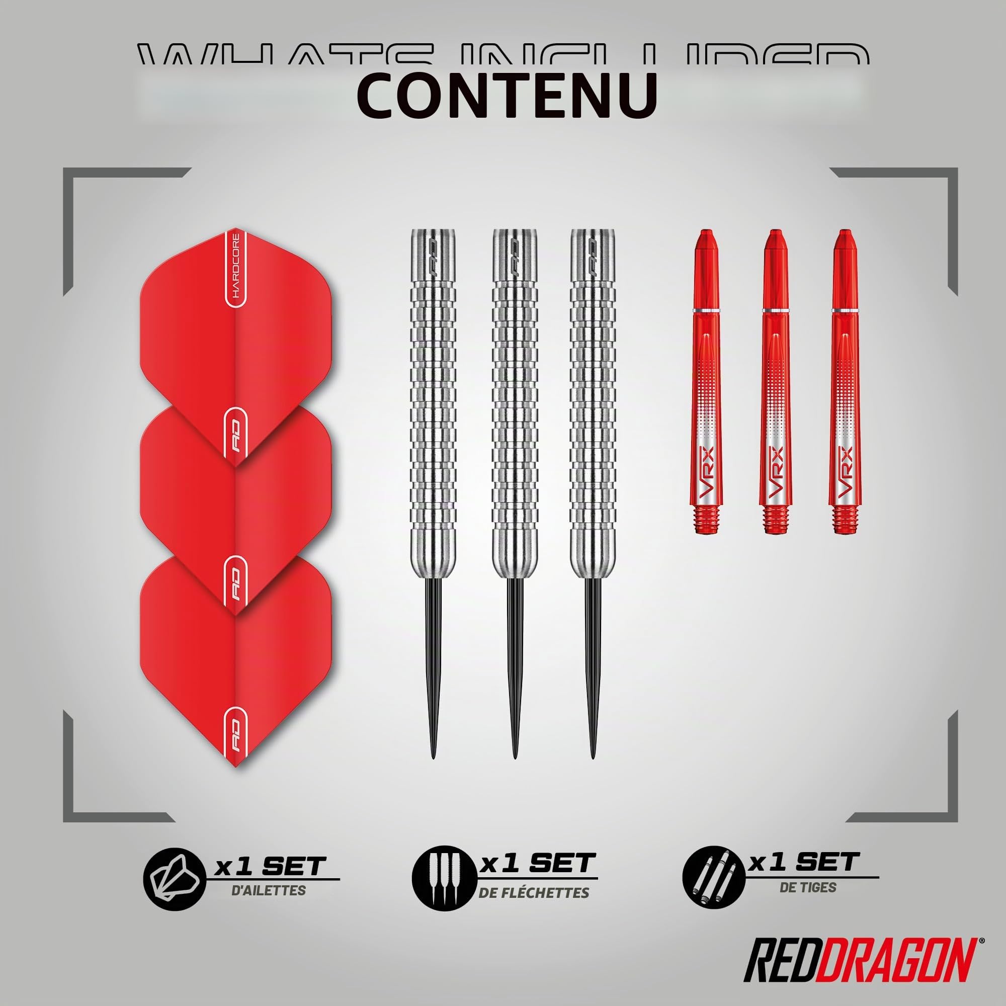 RED DRAGON Hell Fire 22g, 24g ou 26g Fléchettes Pointes Acier avec Ailettes et Tiges de Flechettes