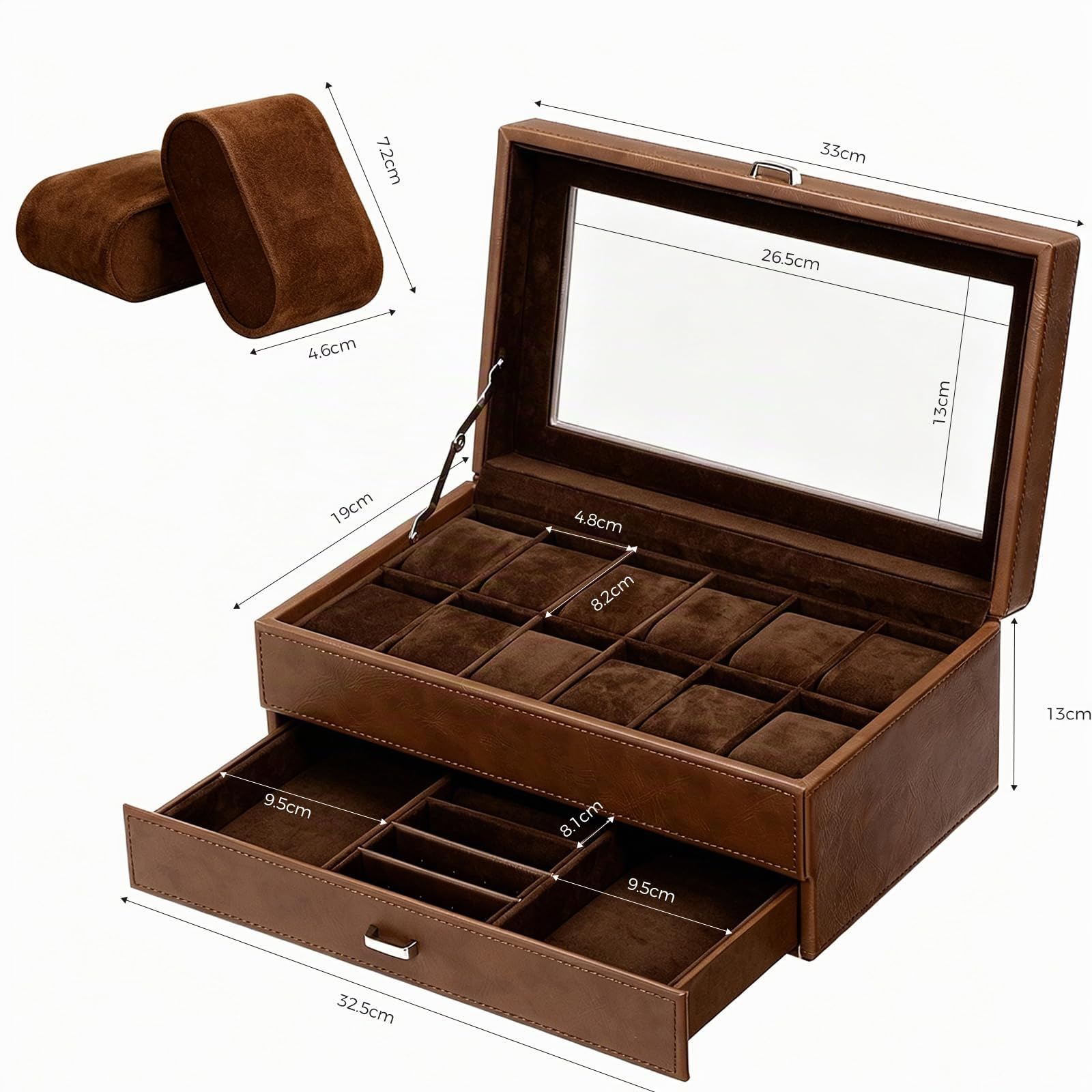 BEWISHOME Porta Orologi a 12 Scomparti, Porta Orologi Uomo a 2 Livelli, Un Classico Scatola Orologi, Cuscino per Orologio Rimovibile, Fodera in Velluto, Idea Regalo Marrone