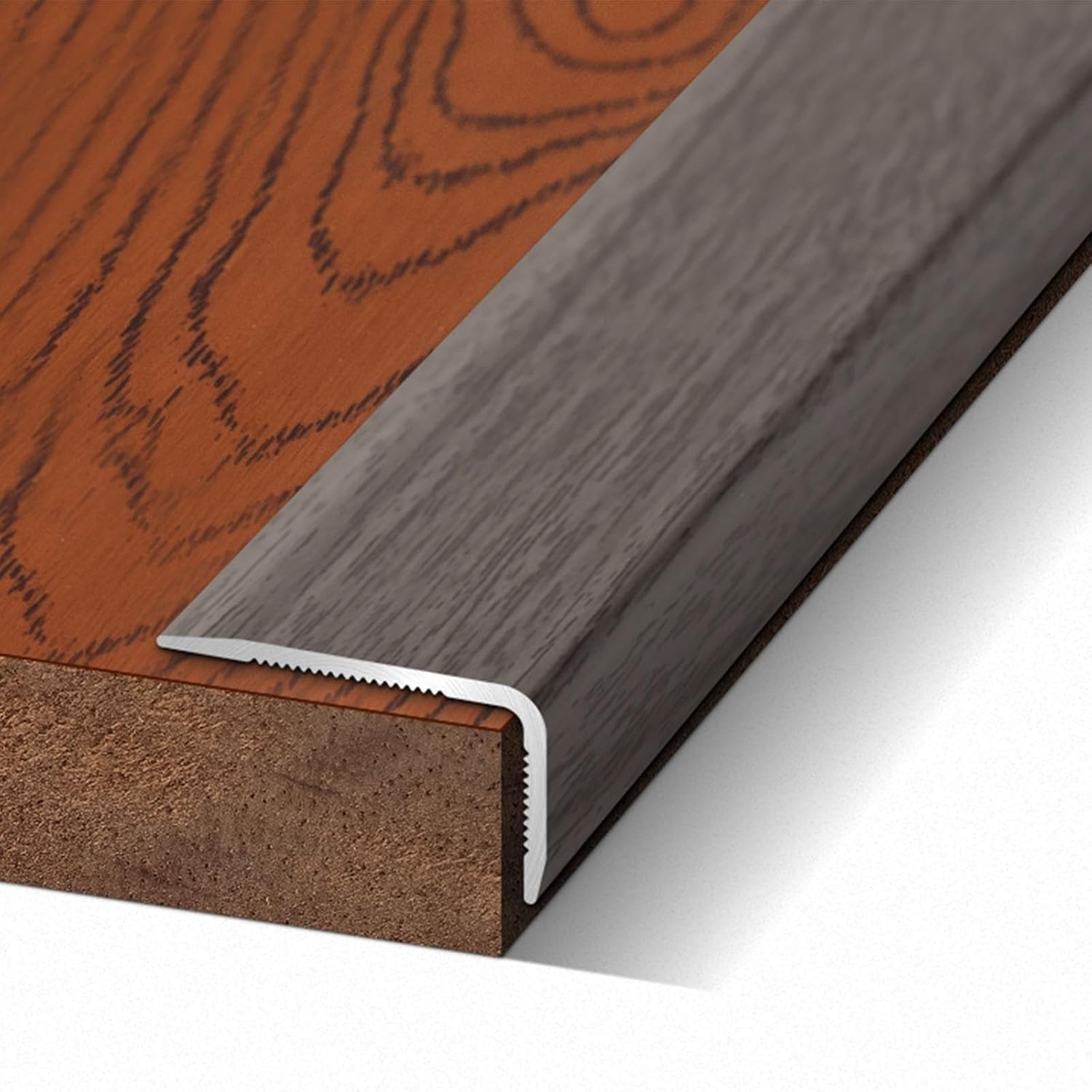 Wood Grain Right Angle L-Shaped Floor Transition Strip, Aluminum Trim Strip, Stair Nose Edging Corner Guards, Laminate Tile Edge Protectors, Peel Stick Stone Step Cover(Grey Oak,L900xW35xH20mm)