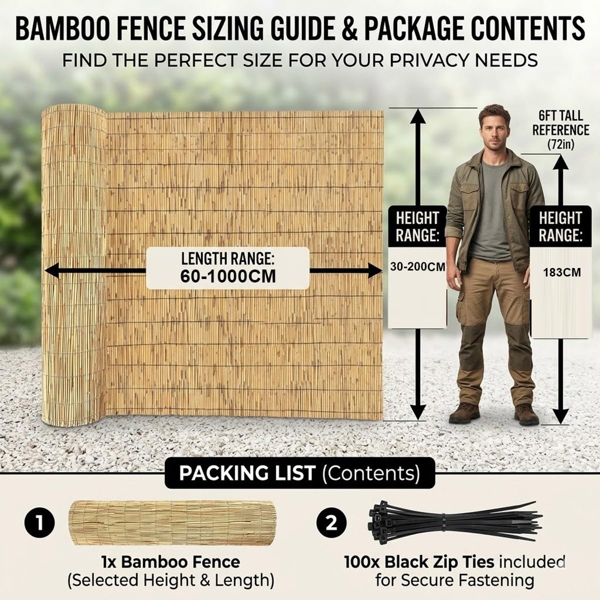 Arellas in Bambù Arrotolabile, Recinzione Frangivistas per Balcone e Giardino, Canniccio Ombreggiante per Privacy Esterno, Stuoia in Canna per Terrazza, Divisorio 30-200cm(Naturale,200x60cm)