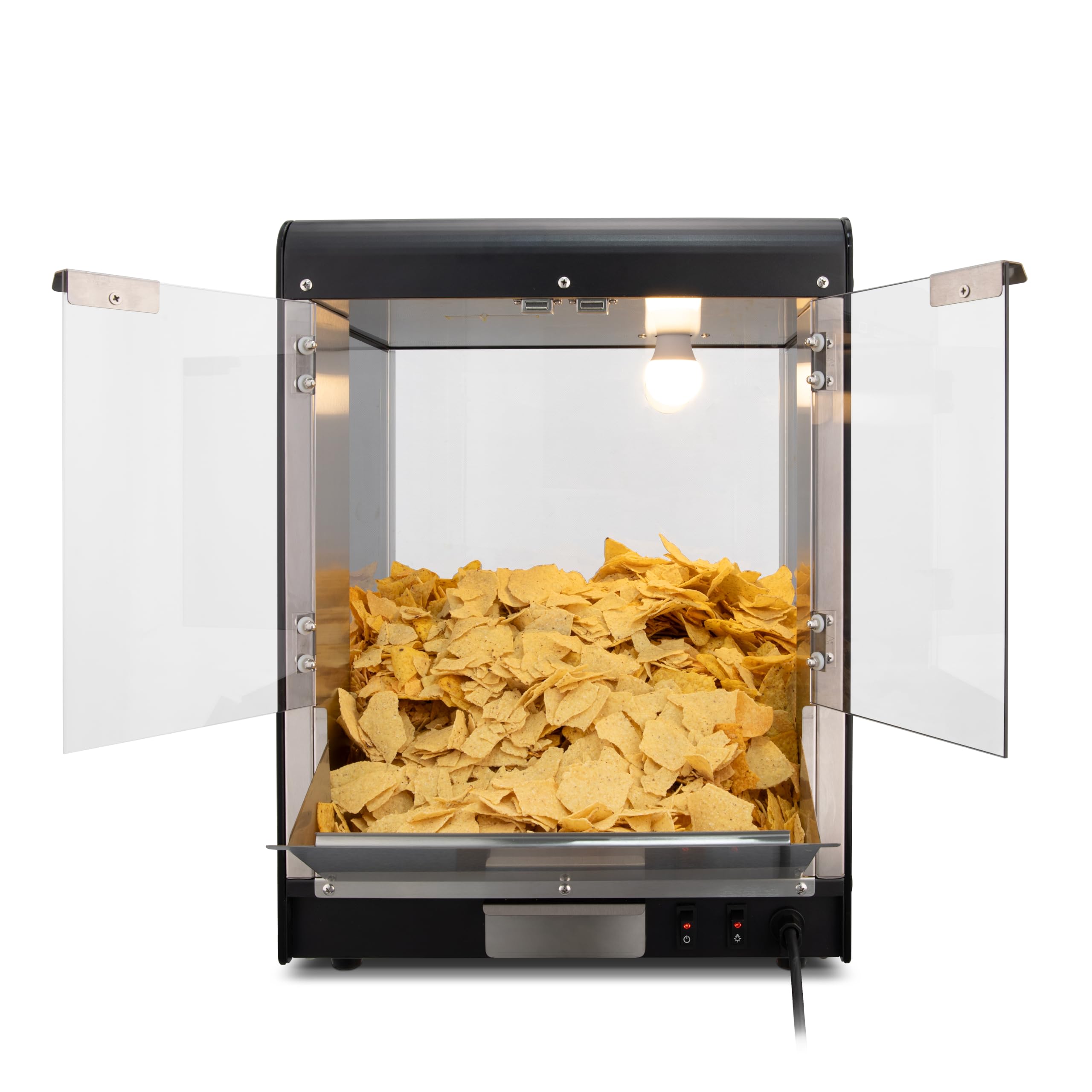 HENDI Máquina calienta nachos,Vitrina expositora calienta nachos, tortillas, palomitas de maíz, 230V, 500W, 400x344x(H)525mm, acero inoxidable 18/0, vidrio templado ahumado, negro