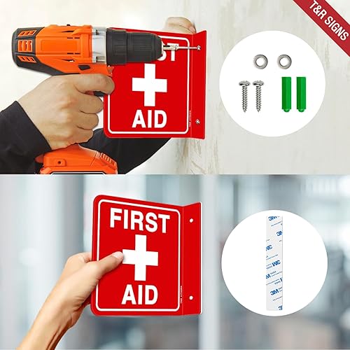 Miniatura 3 de T&R Letrero de primeros auxilios, primeros auxilios con símbolo de cruz, paquete de 2 unidades, acrílico de 6 x 6 pulgadas, 2 agujeros
