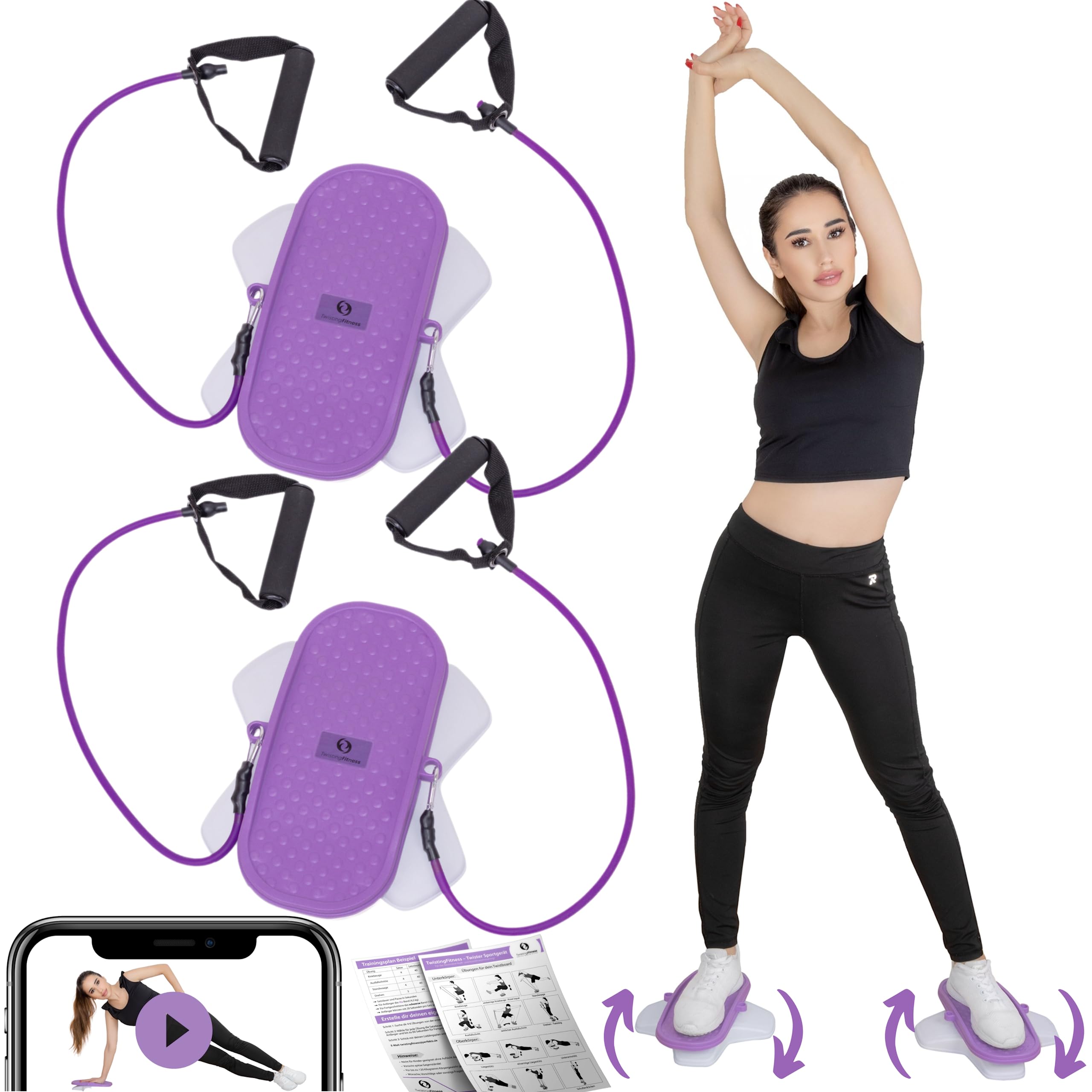 Taillentwister 2er Set- Individueller Trainingsplan - Video Für Anfänger & Fortgeschrittene - Verschiedene Bänder & Schwierigkeiten - Ein- & Beidbeinig - Twist Board Abnehmen Geräte