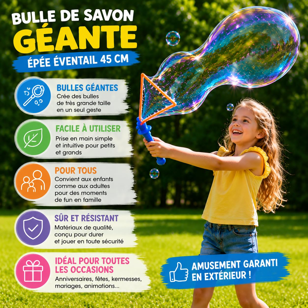Confezione da 16 bacchette per bolle grandi, 45 cm, con 100 ml di soluzione, 4 colori assortiti per bambini, compleanni e giochi all'aperto