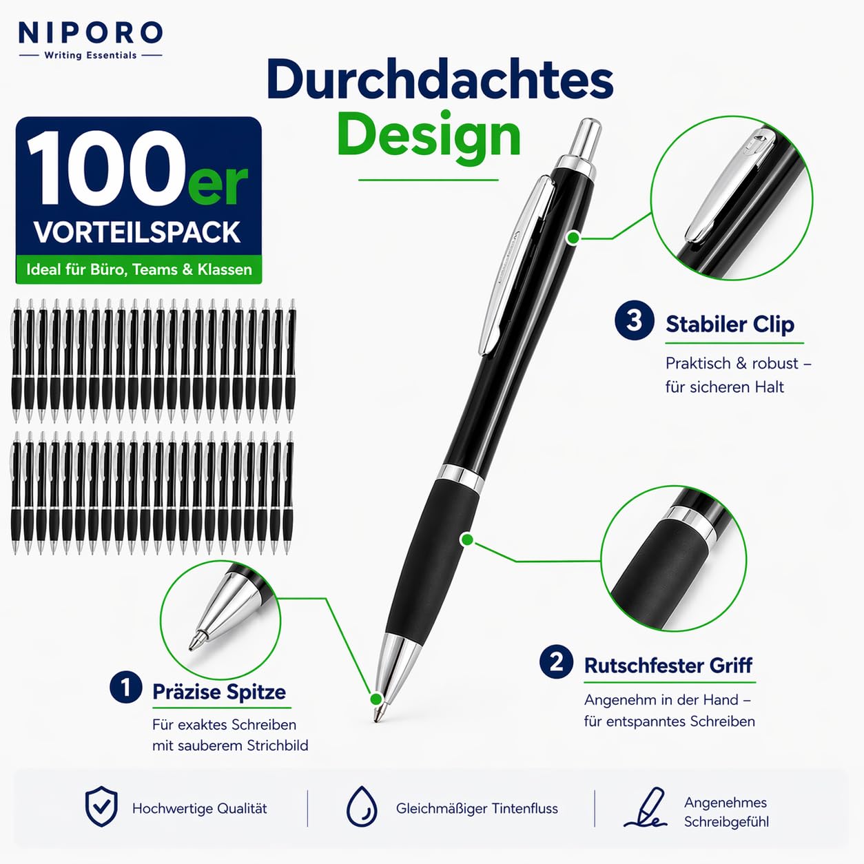 100 Kugelschreiber Blau oder Schwarz – alle mit blauer Tinte - Kugelschreiber Set weich schreibend, gleichmäßiger Tintenfluss, Soft-Grip – Vorratspack für Büro, Schule und Teams (100, Schwarz)