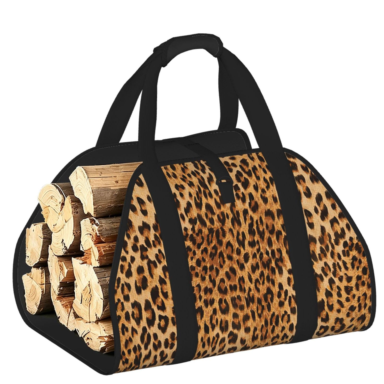 Leopard Print Printed Firewood Carrier Bag, Log Tote with Open-Ended Design for Camping Outdoor Wood Hauling
