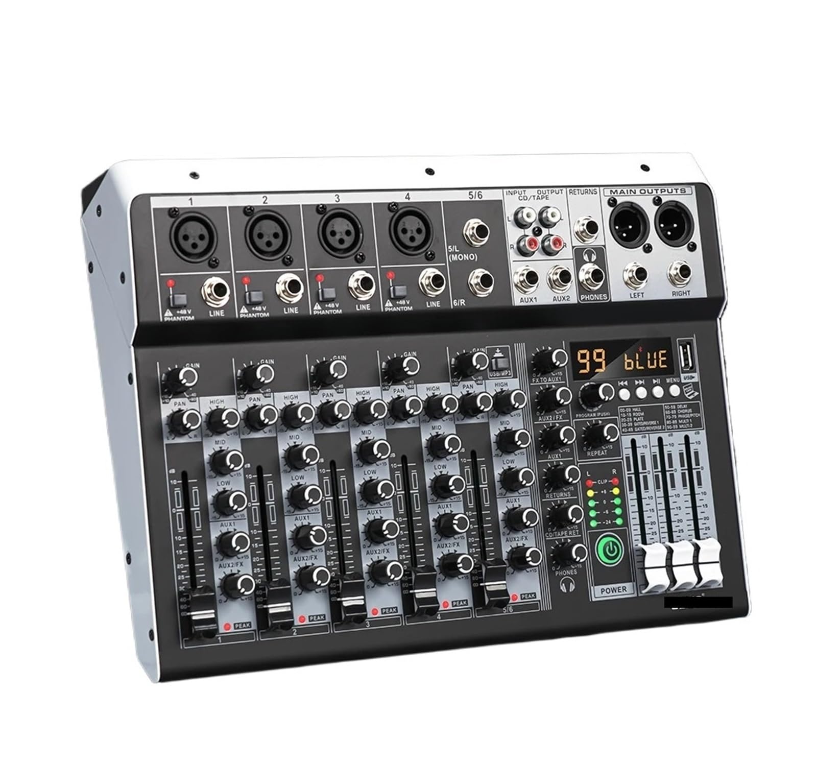 Mixer con effetti DSP a 6 canali, 99 effetti, registrazione PC, alimentazione Phantom 48V, mixer USB, console DJ Bluetooth, ggio