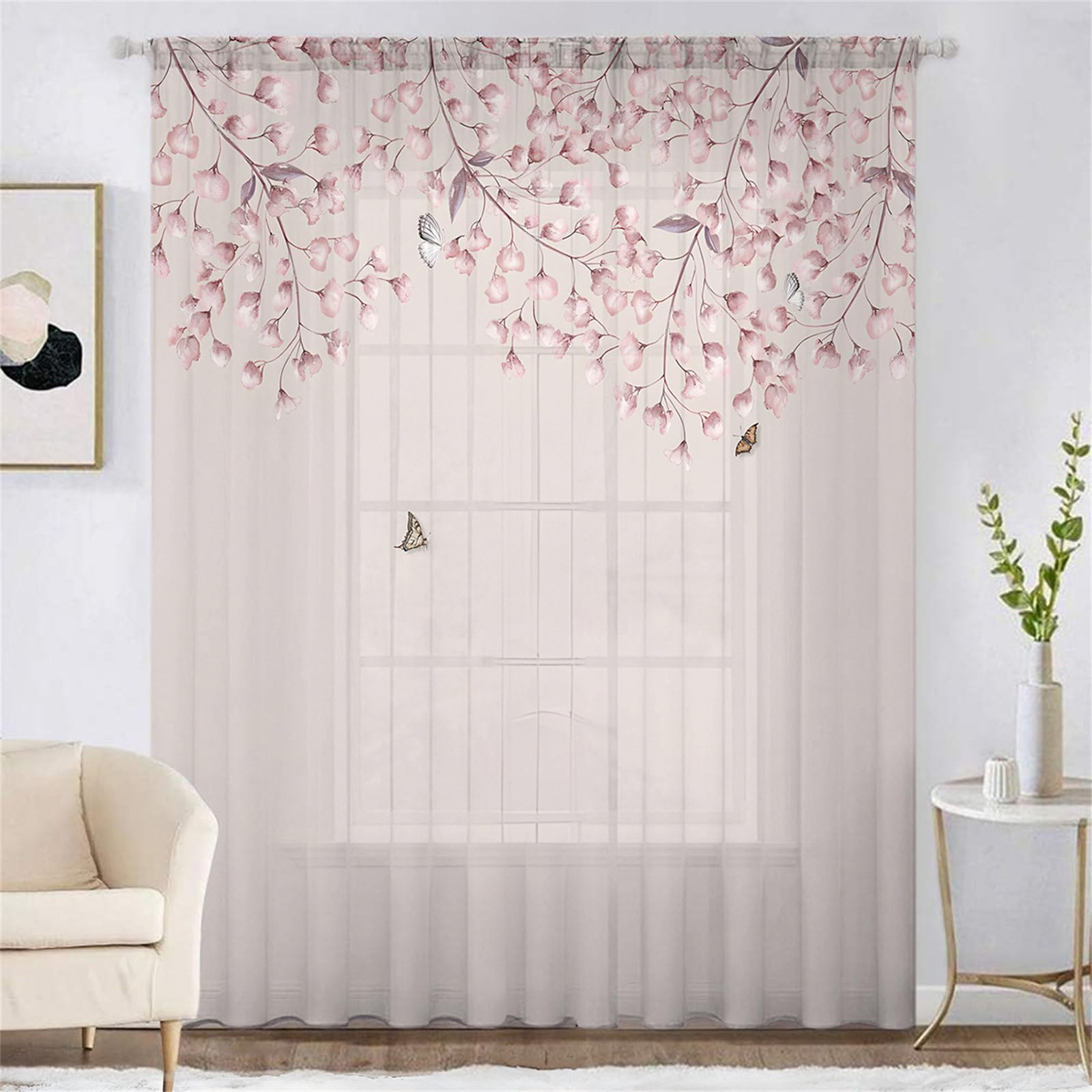 Surwin Net Curtains for Windows, 1 Panels Voile Curtain, Flower and Bird Series with Eyelets, Semi Transparent Lightweight Voile Panel for Living Room Bedroom Balcony (Pink 1,W132xH241cm) โ image 1