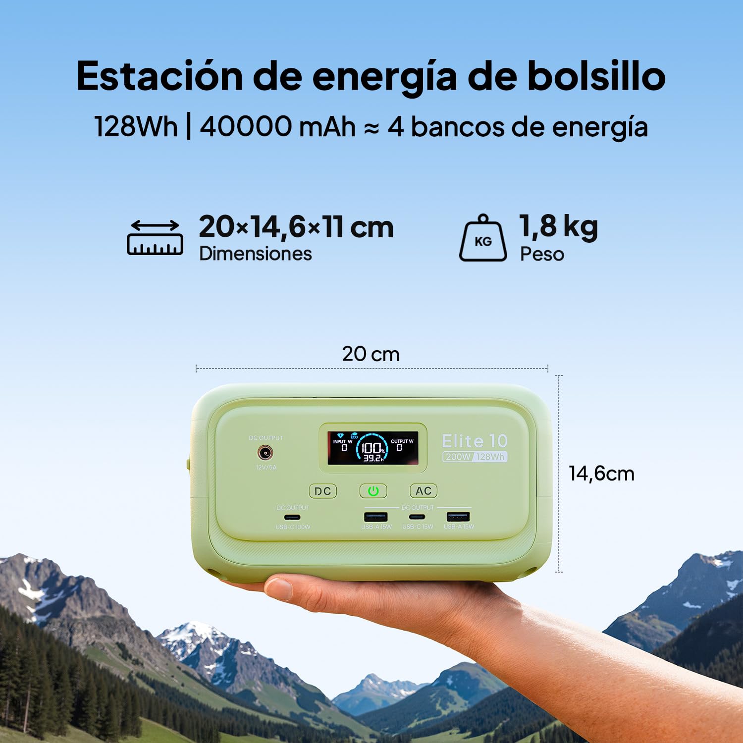 BLUETTI Elite 10 Mini Estación de Energía Portátil, Batería LiFePO₄ de 128Wh con Salida CA de 200W, Respaldo UPS de 10 ms, Generador Solar de Carga Rápida para Camping, Viajes y Emergencias （Verde）