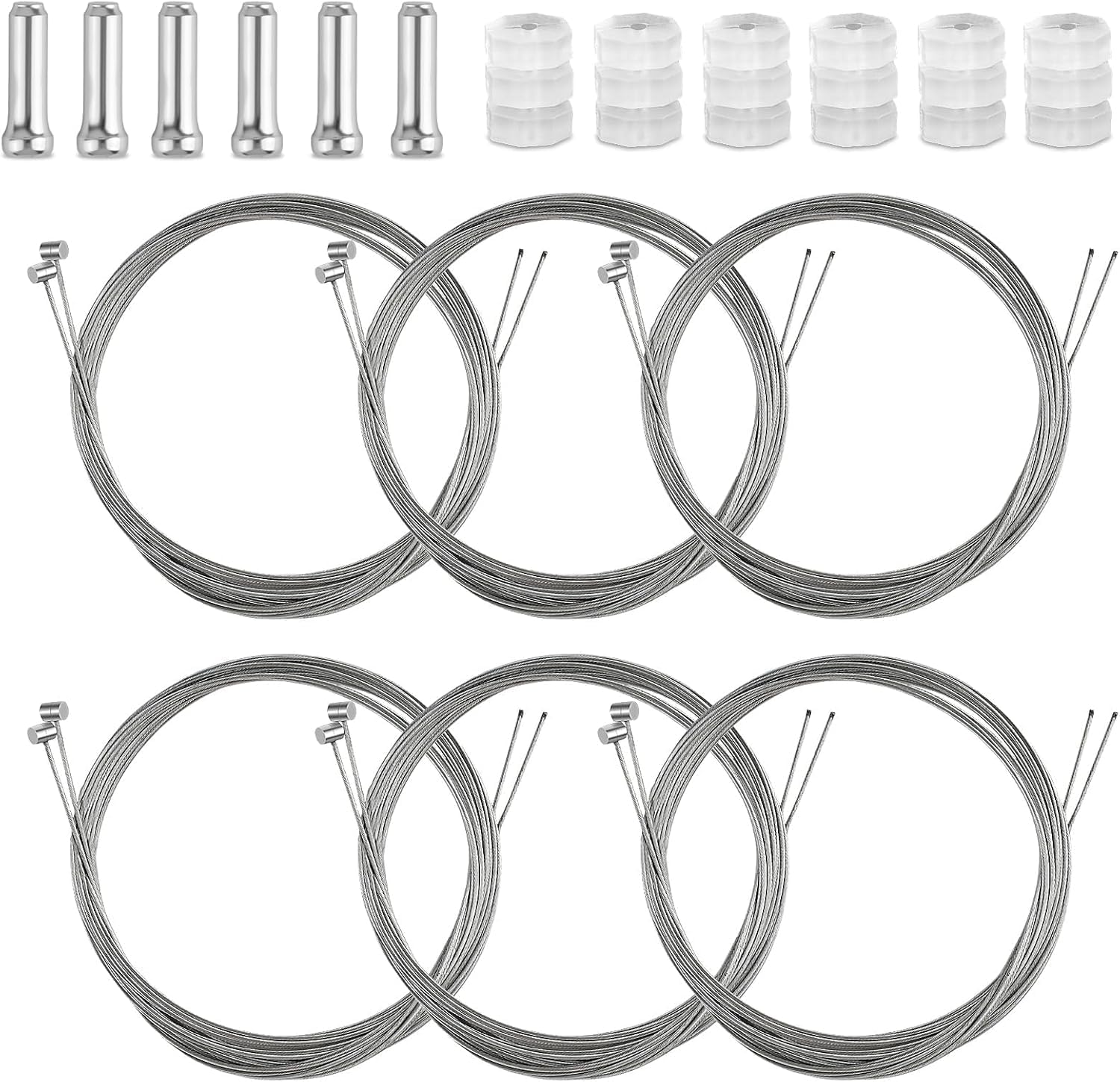 18Pcs Bicycle Brake Cable Set - 1.7M Rust-Proof Stainless Steel Inner Wires with 6 End Caps & 6 O-Rings, Pre-Stretched Low-Friction Slick Bike Line Kit for Mountain MTB Road Bikes