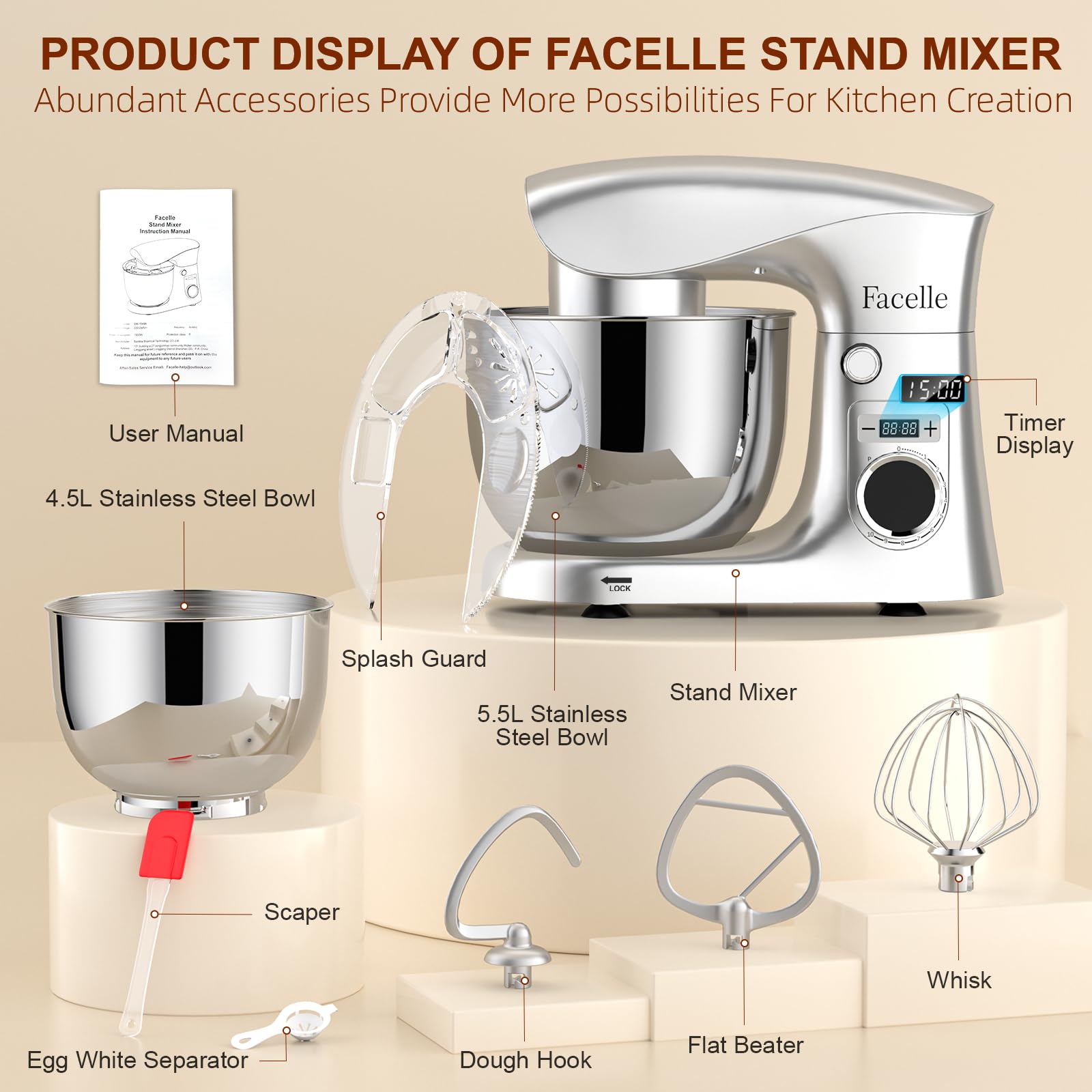 Impastatrice Planetaria Offerta 1500W, Facelle 5,5L & 4,5L Robot da Cucina Multifunzione, 10+P Impastatrice a Spirale Professionale con Gancio per Impastare, Frusta Piatta, Frusta, Bassa Rumorosità