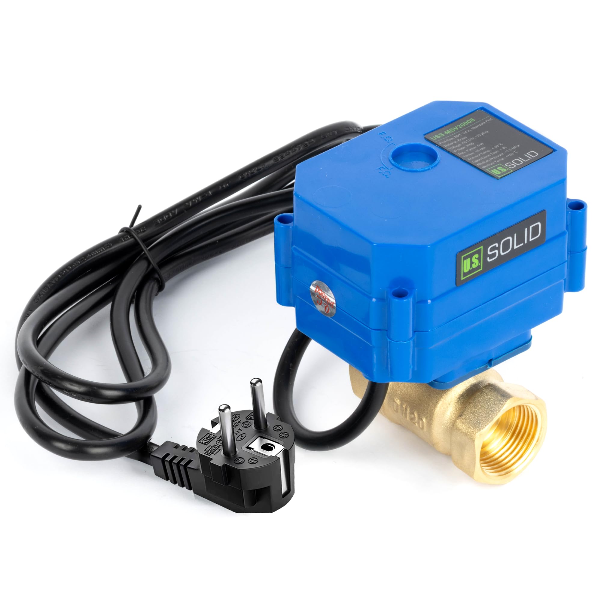 U.S. Solid Zmotoryzowany zawór kulowy 3/4" z wtyczką 220 V AC DN20, 2-drożny mosiężny elektryczny zawór kulowy, automatyczny powrót normalnie zamknięty