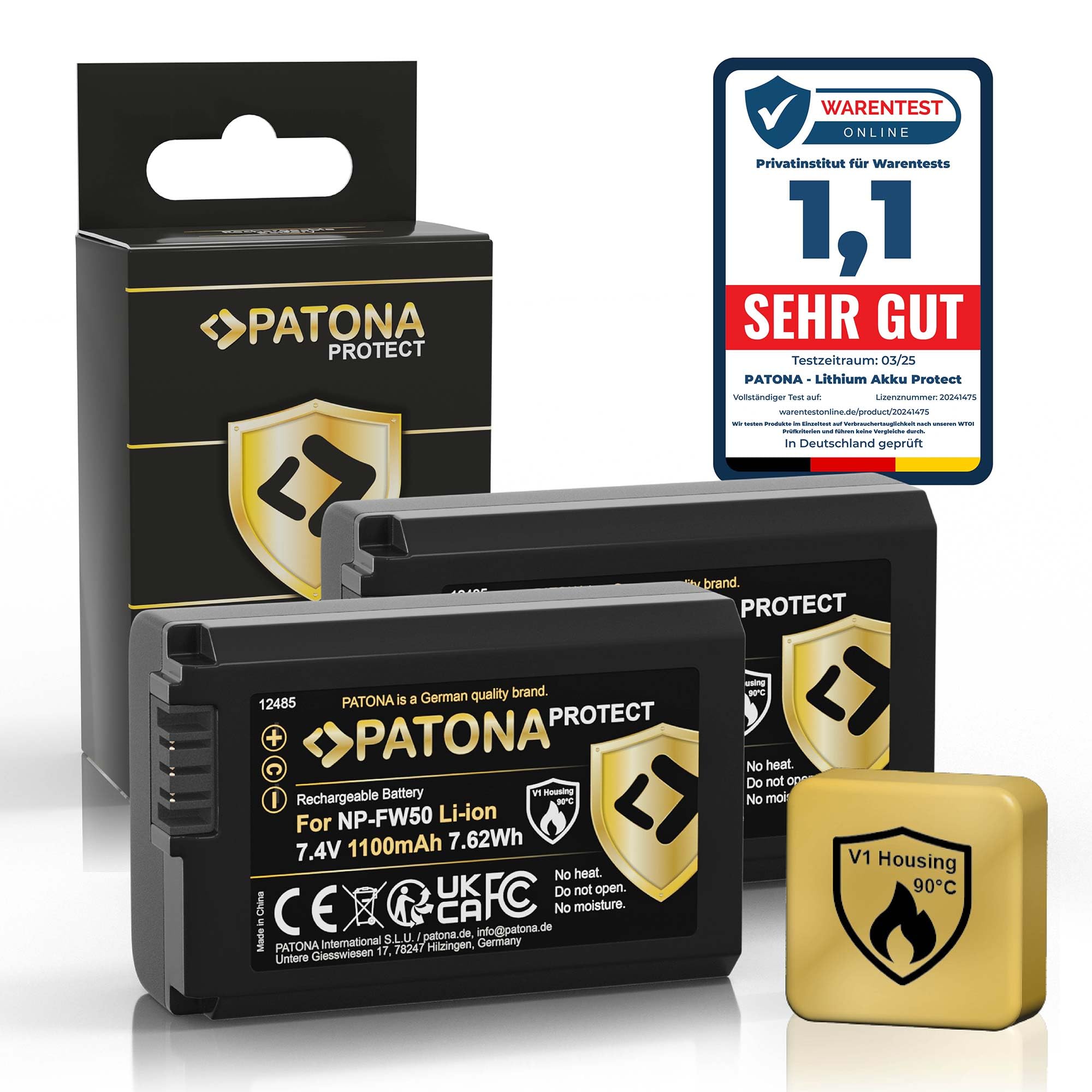 PATONA 2X Protect NP-FW50 Akku 1100mAh mit V1-Schutzgehäuse – Ersatzakku für Sony Alpha 6000 6100 6300 6400 6500, A7 II, A7R II, A5100, ZV-E10, RX10 II–IV, NEX
