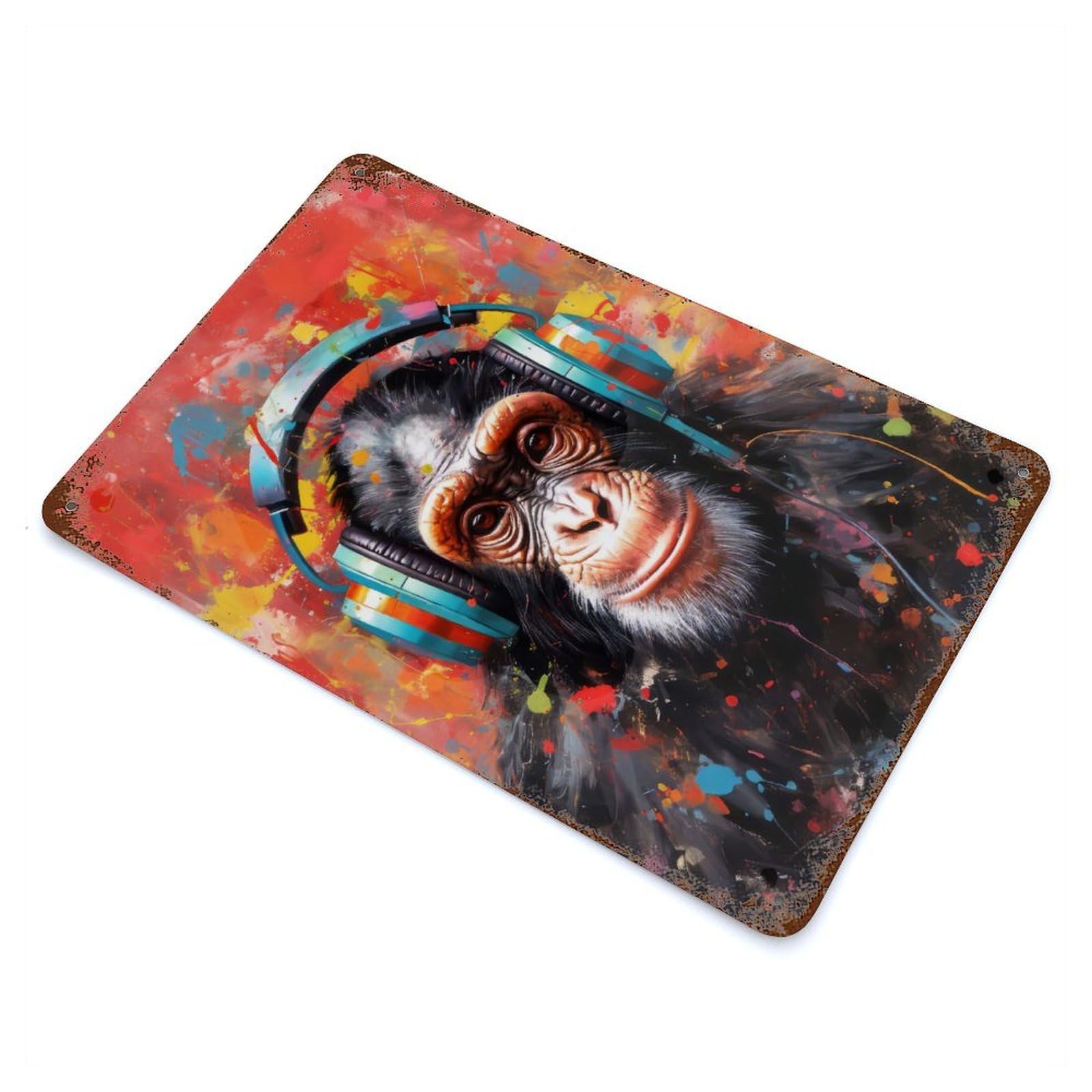 Chimpanzee with Headphones Vintage Metal Tin Sign 11.8"x7.9", for Cafe, Home Bar And Lounge Decor, Vintage Wall Decor