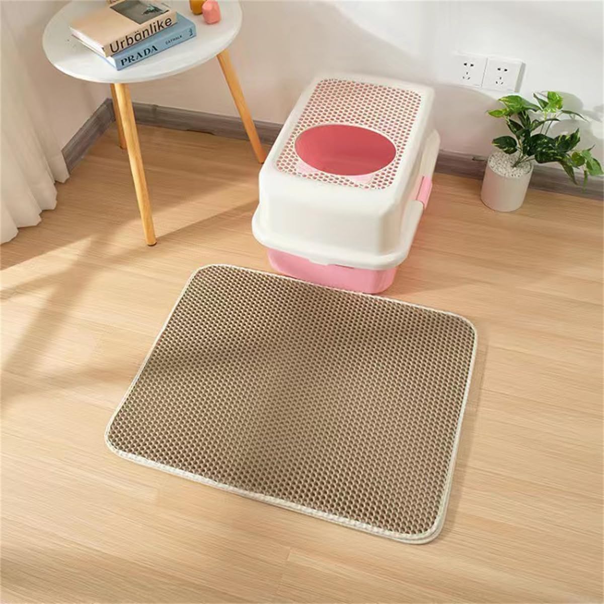 Xisnuient Honeycomb Cat Mat, Traps Litter, Two Layer Trapping Kitty Mats, Scatter Control, Soft on Paws, Indoor Box Supplies and Essentials,Easier To Clean, Washable (55x75cm,Beige)