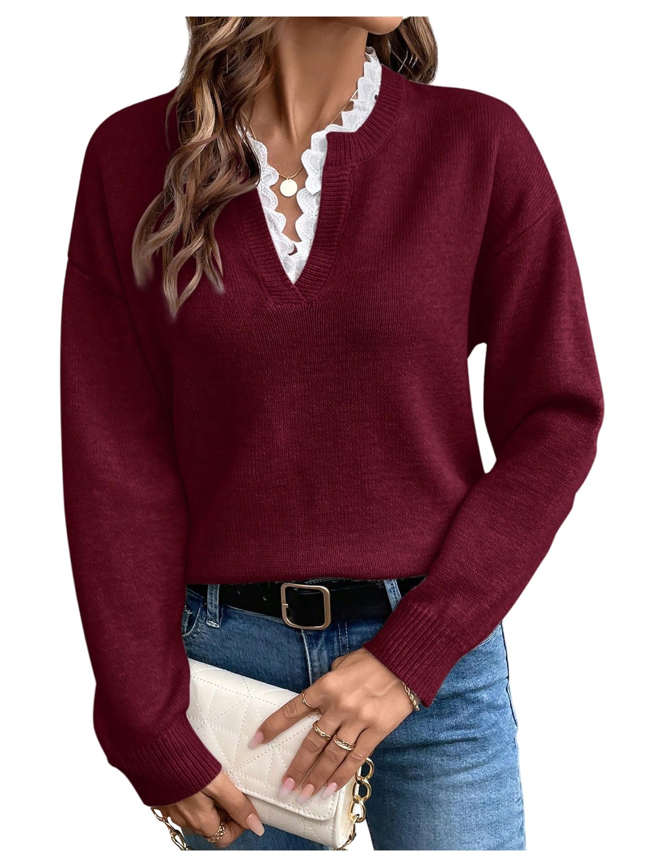 SOLY HUX Womens Long Sleeve Sweater Lace Trim Notched V Neck Knit Pullover Tops Casual Trendy Sweaters