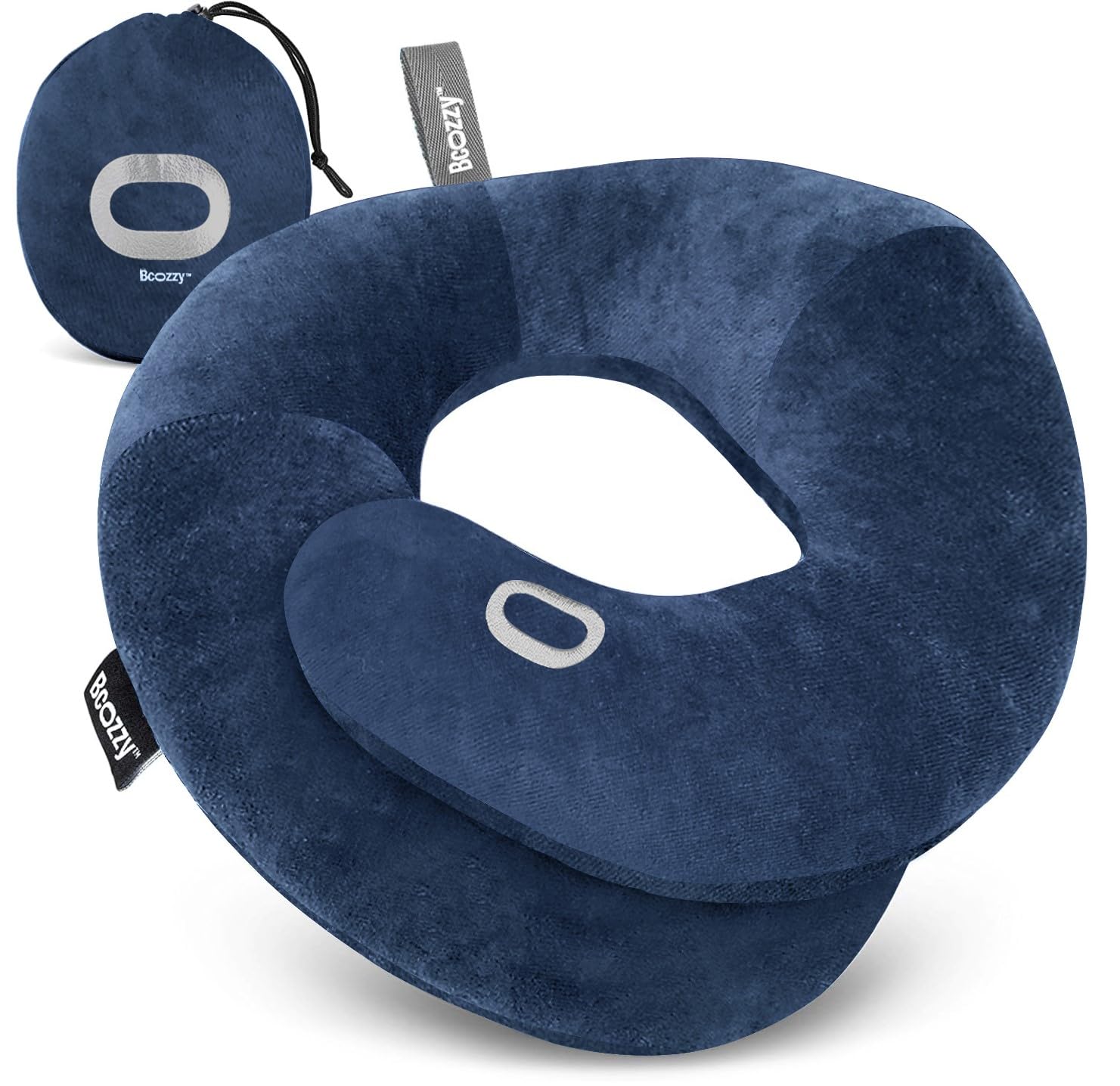 BCOZZY Organic Cotton Travel Neck Pillow for Airplane - Double Support for Head, Neck &amp; Chin. Soft, Adjustable for Comfortable Resting on Flights, Car Rides &amp; Recliners. Washable, X-Large, Navy