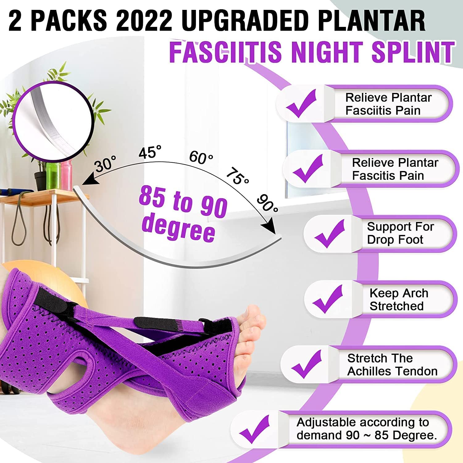 Confezione da 2 stecche per fascite plantare, 3 cinghie regolabili per sollievo per fascite plantare per notte per donne e uomini, tutore per sollievo per fascite plantare, viola