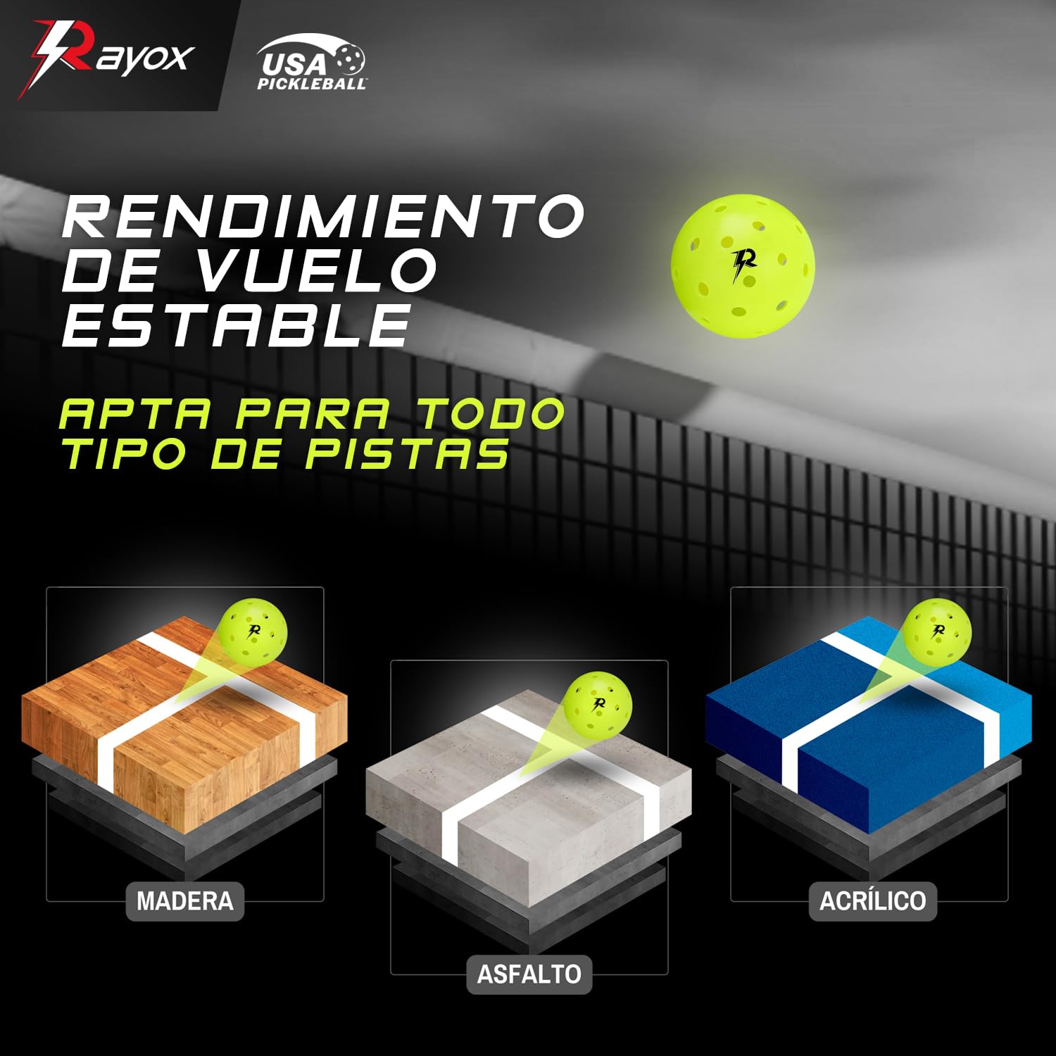 RAYOX Pelotas de Pickleball - Interiores y Exteriores, Pack de 4 o 24, Tamaño Oficial, 40 Agujeros, Alta Durabilidad y Rebote Óptimo, Jugadores Principiantes y Profesionales