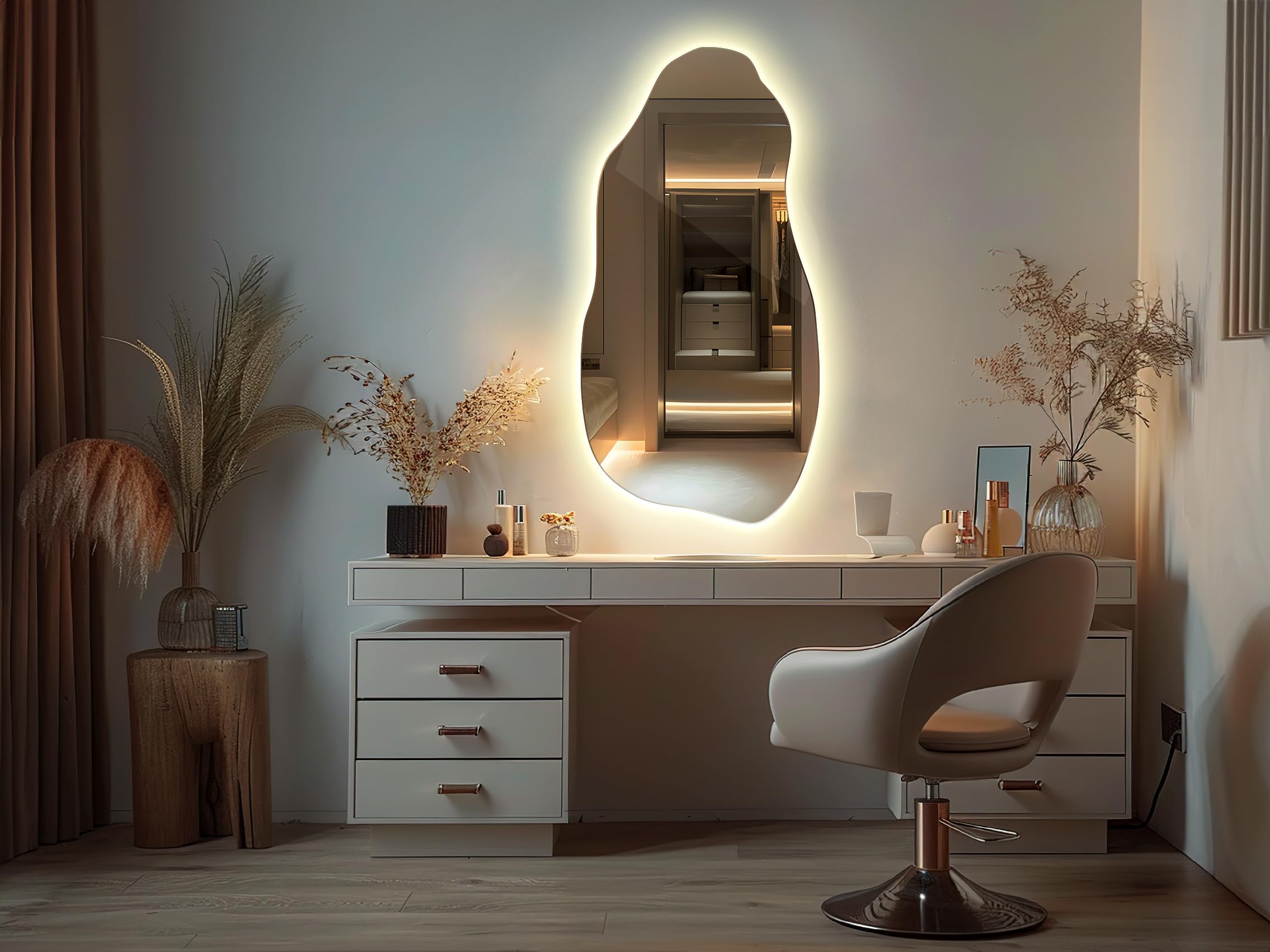 Generico Decormat Specchio LED 50x100 cm Grande Moderno Irregolare Specchio da parete Organico Asimmetrico Macchia per Bagno Soggiorno Verticale con illuminazione Luce calda