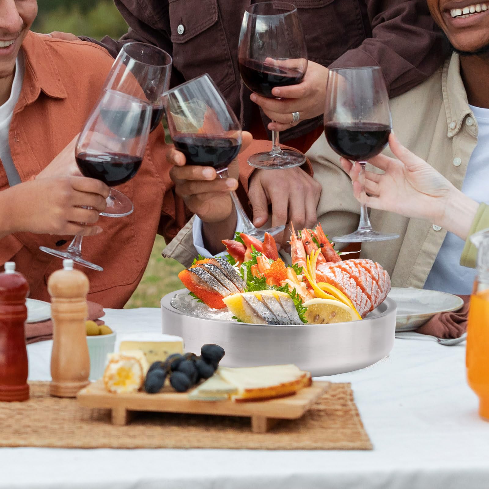 Plateau de service réfrigéré en acier inoxydable 304 de 23,6 cm, pour apéritif et crevettes avec glace en dessous, plateau de fête glacé pour buffet alimentaire (argenté)