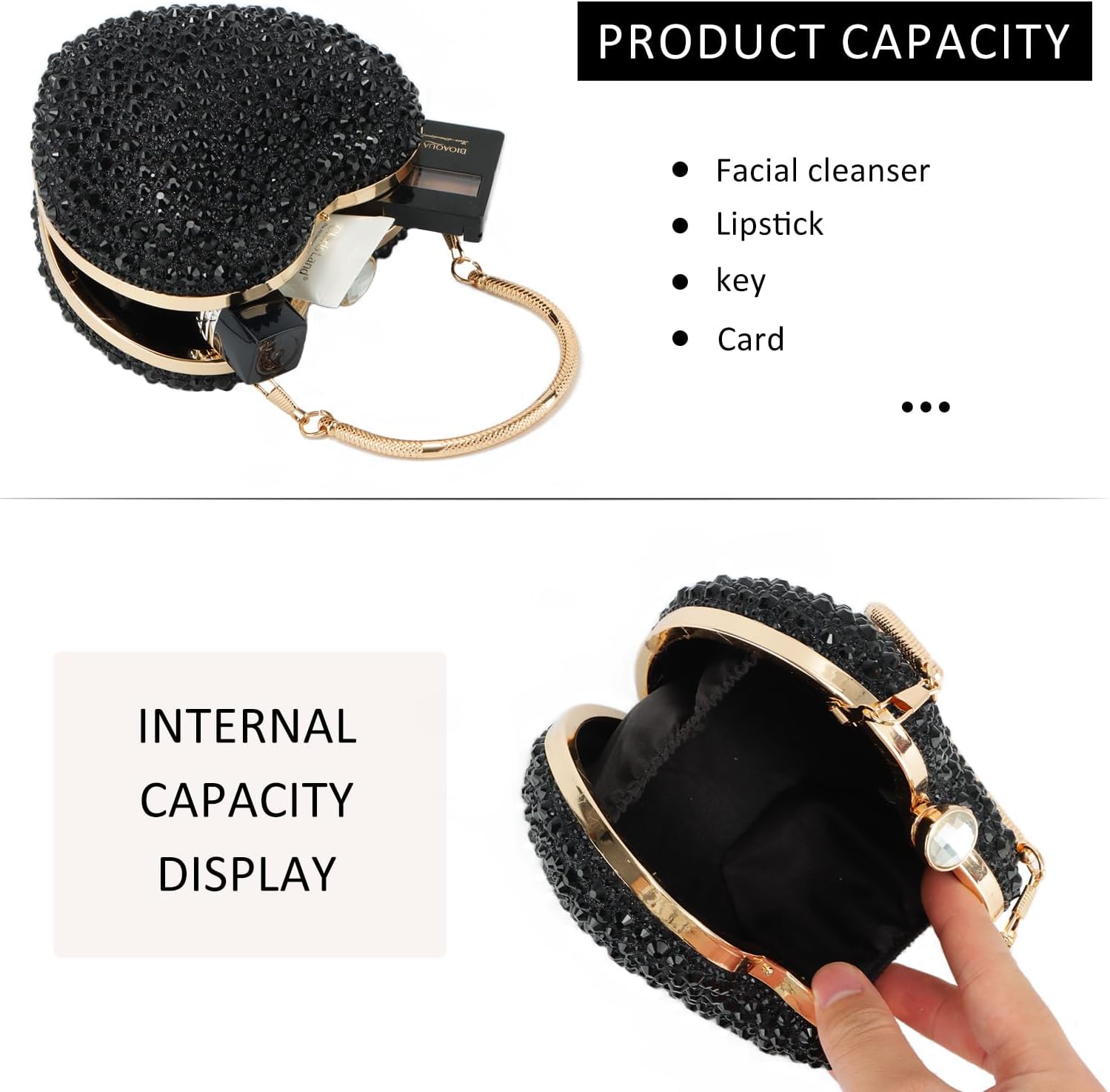 GOKTOW Mini Heart Shaped Purse,Valentines Purses and Handbags,Rhinestone Evening Purse Clutch for Womens