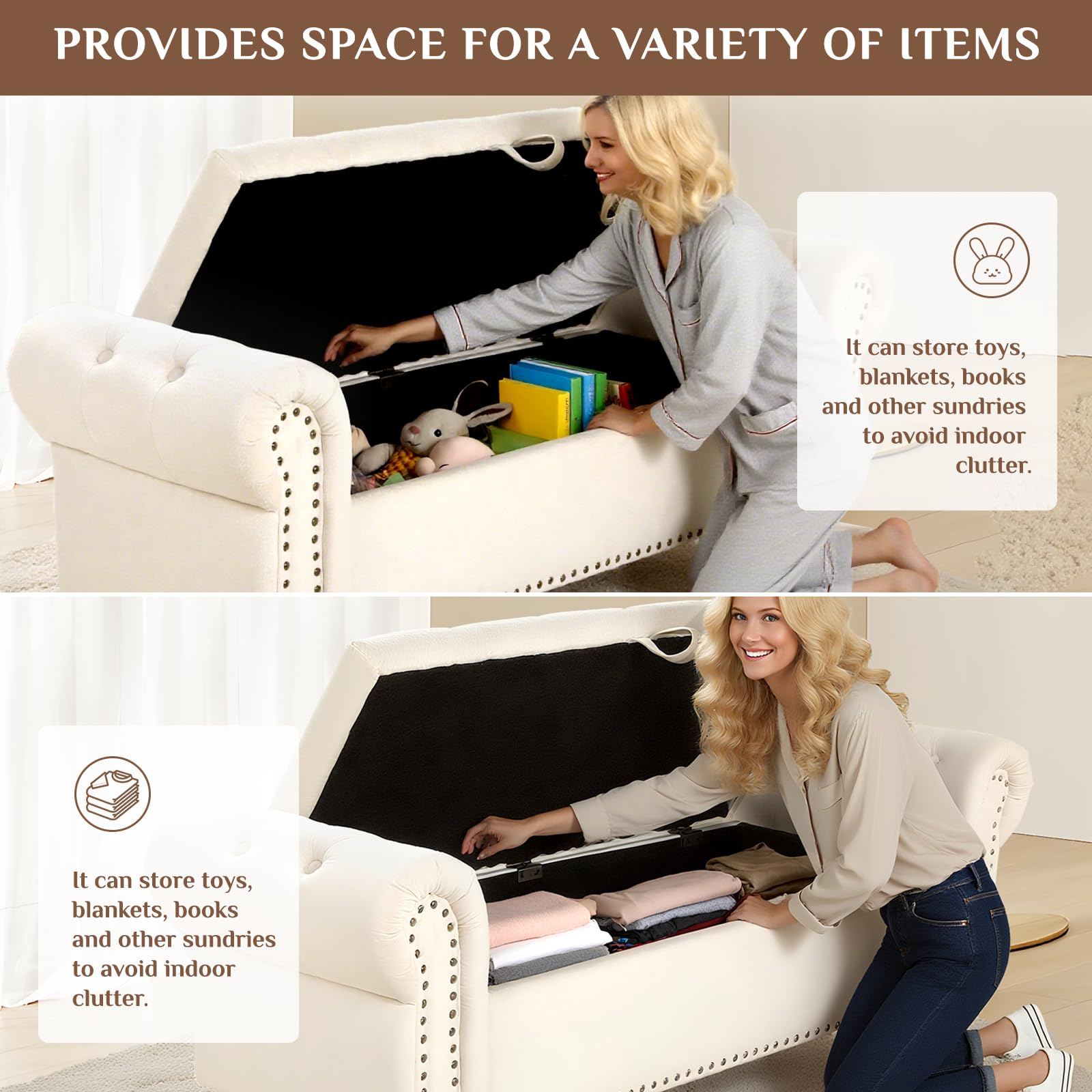 Clevich Sitzbank mit Stauraum 133cm, Samtmaterial, Umdrehen Mit Booster-Gasstange, Fußstütze mit stabilen Holzbeinen, Sofabank fur Flur, Schlafzimmer, Wohnzimmer, 133x53x46 cm, Beige