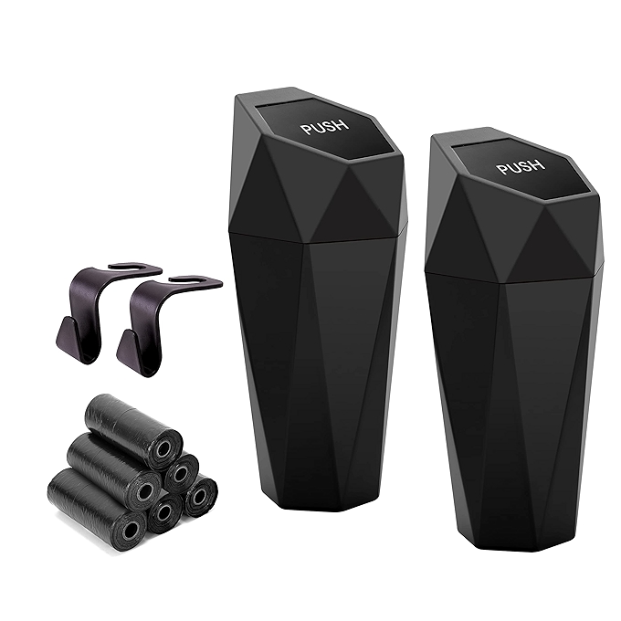 汽车垃圾桶带盖，迷你杯座型，防漏小垃圾杯，适用于车内、家居、办公室，附赠钩子和垃圾袋