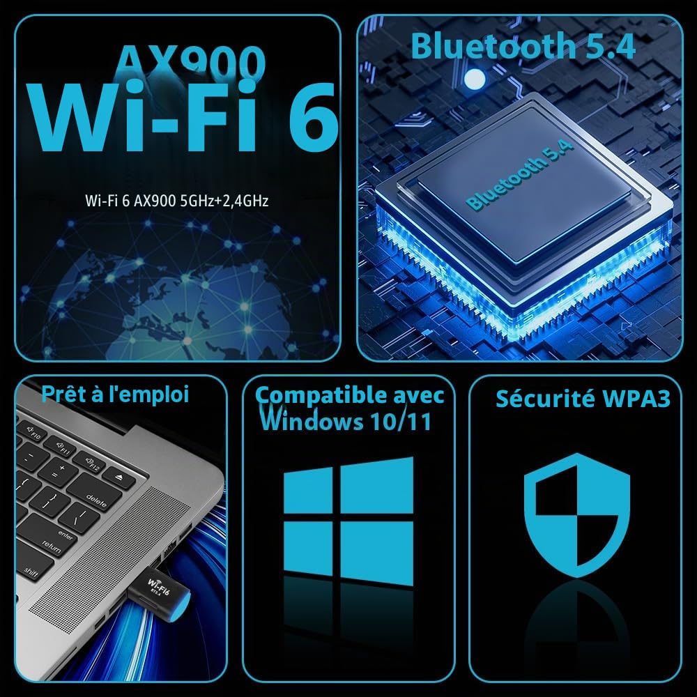Clé WiFi 6 USB Double Bande 5GHz/2.4GHz Adaptateur WiFi Dongle 2 en 1 Bluetooth 5.4 pour PC Windows 10/11