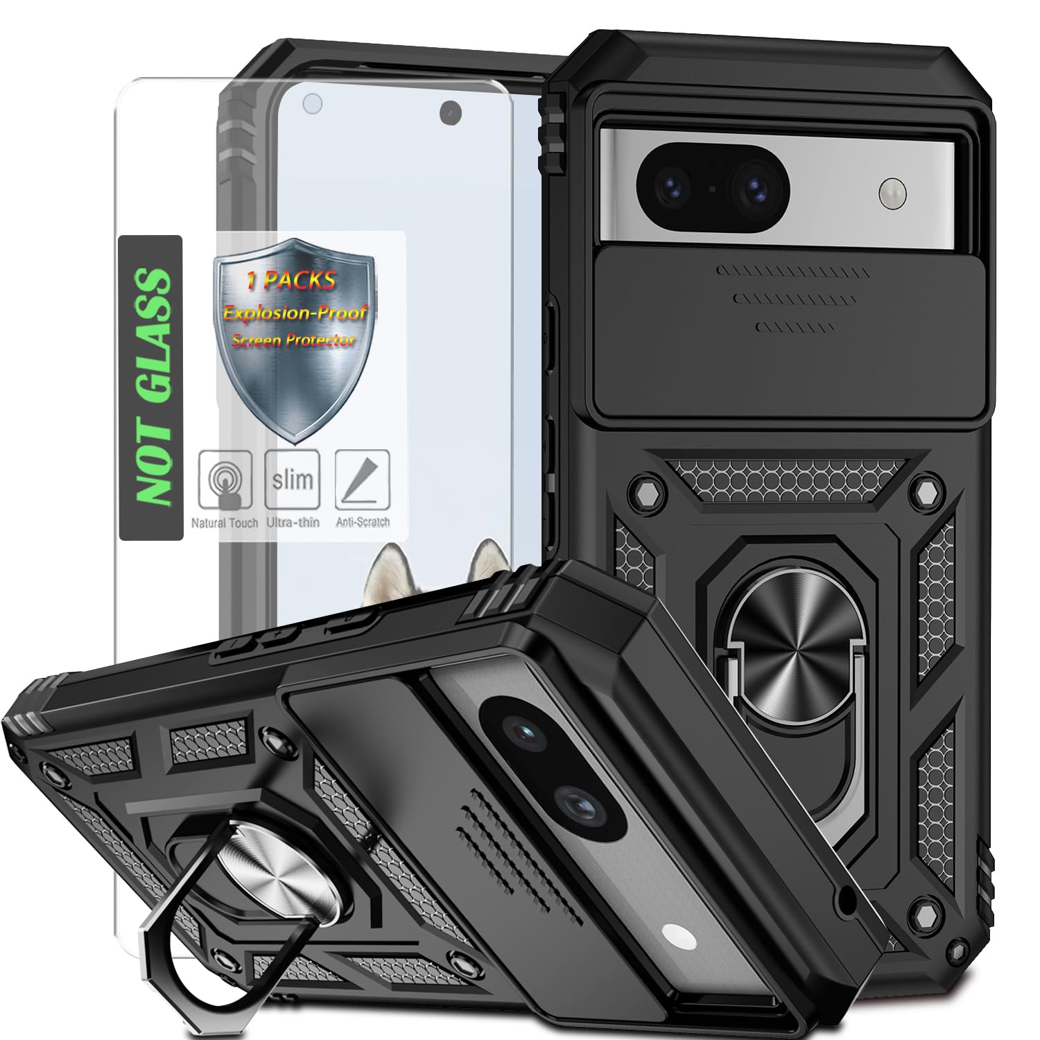 Coque Google Pixel 8A noire avec protège-caméra et béquille - 8