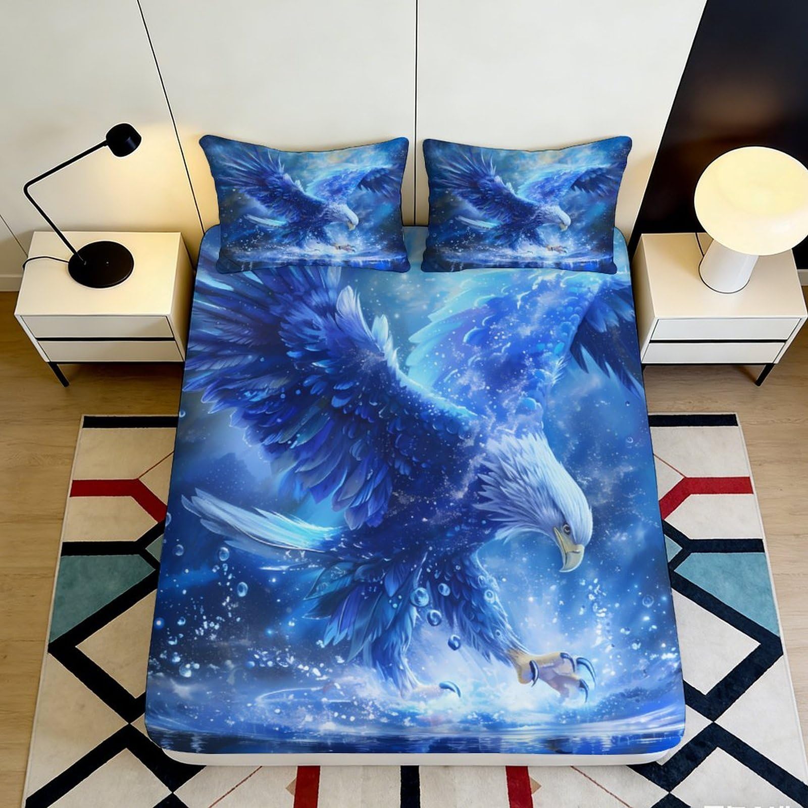 Pnayamiorkfel Style-3 3D Printed Blue Eagle Fitted Sheet Microfiber Soft Breathable Water Splash Bed Cover For Bedroom Guest Room Decor 90X200x25cm