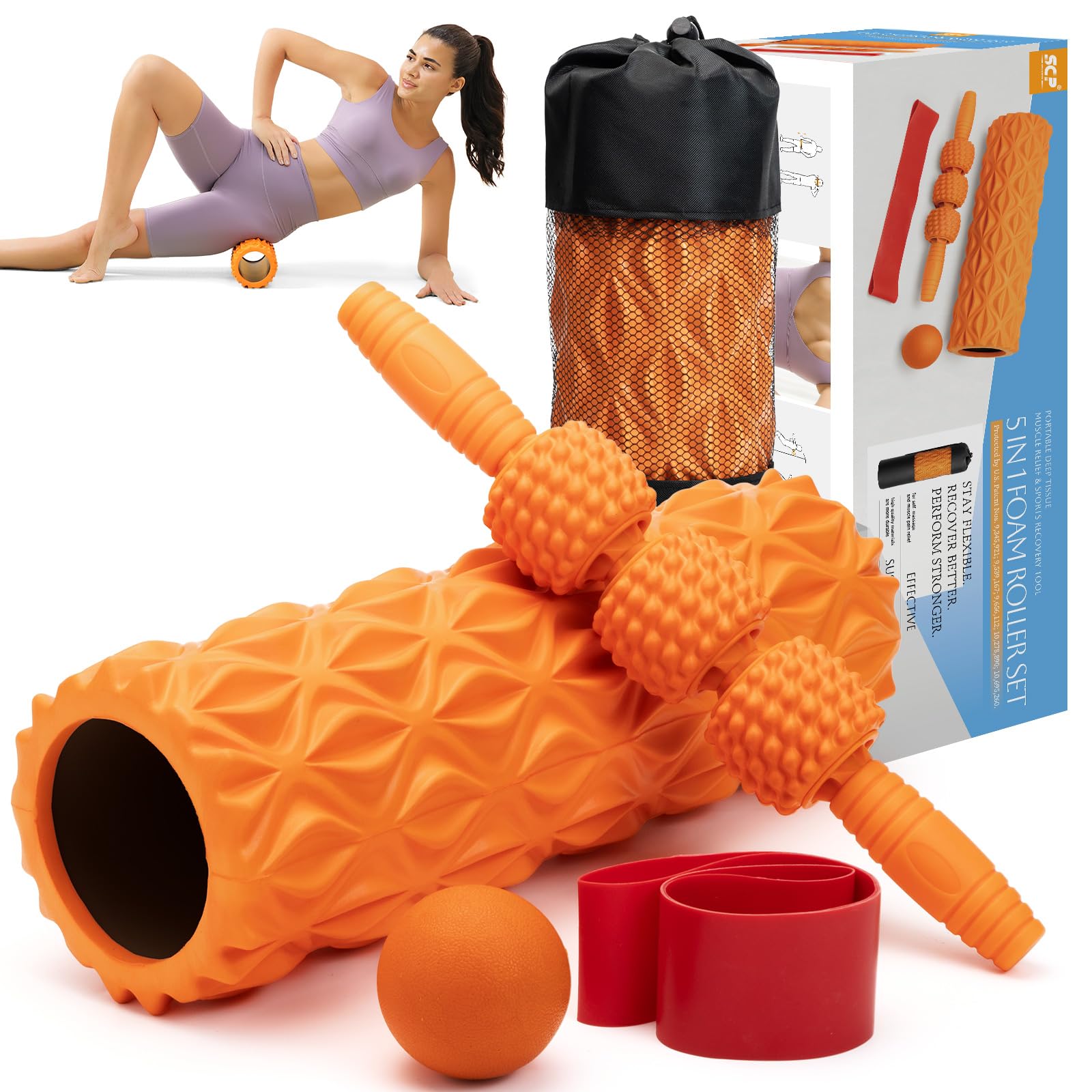 5 in 1 Foam Roller Set für Tiefengewebe-Muskelmassage, Mediem Density Rückenrolle, Triggerpunkt Fitness Übung Foam Roller, Massageroller, Massageball, Dehnungsgurt, für Ganzkörperentlastung