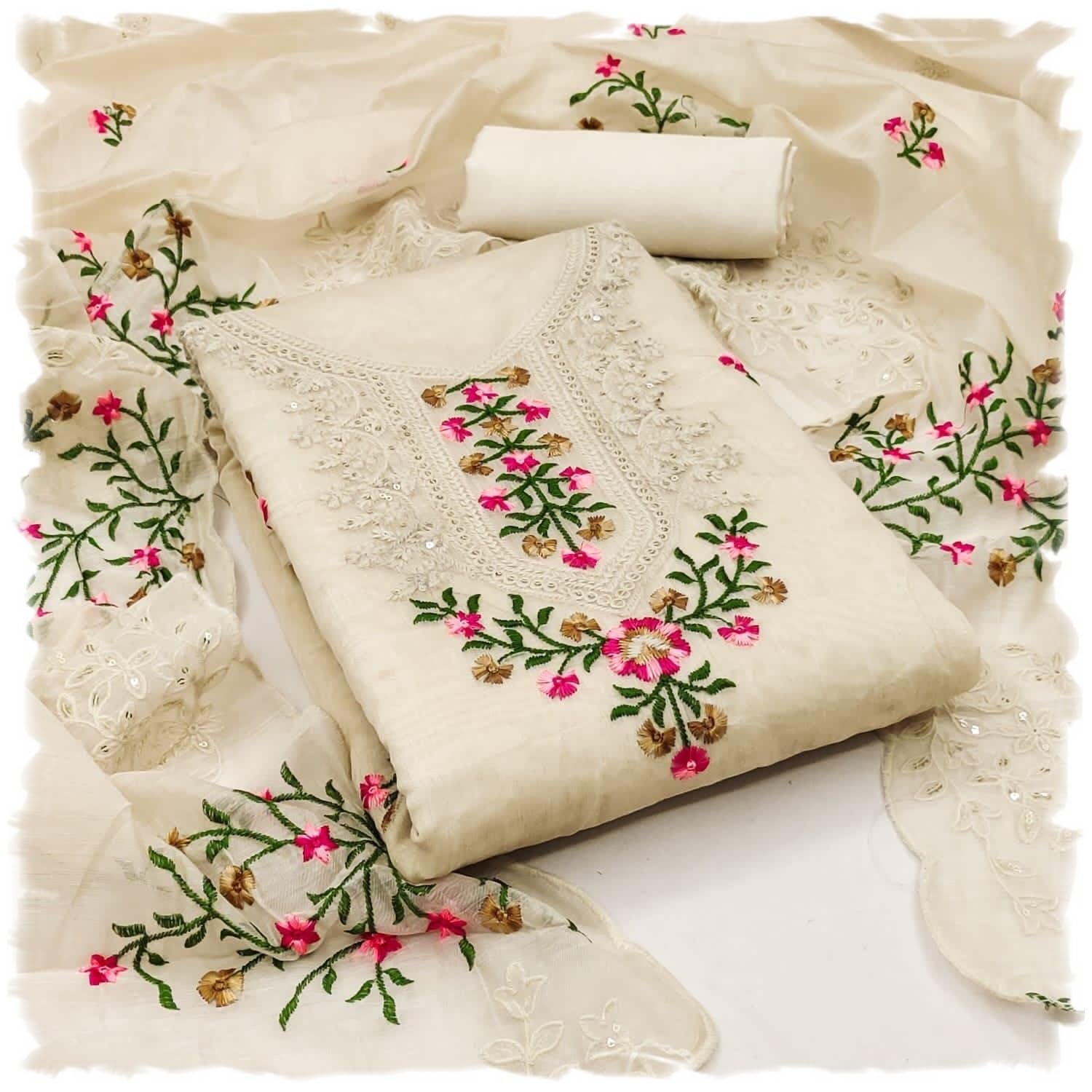 Cloth ClockWomen's Heavy Chanderi Cotton Embroidery Work Unstitched Salwar Suit Dress Material With Chanderi Work Dupatta (Free Size_Multi Color)