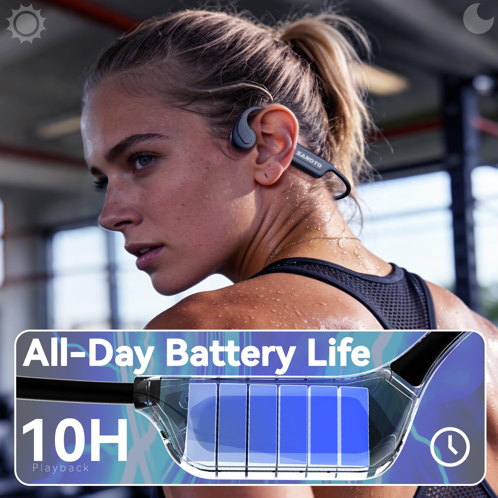 SANOTO Casque à conduction osseuse Bluetooth à oreilles ouvertes avec micro, commutation de mode EQ, écouteurs légers à conduction osseuse, écouteurs étanches IP65 pour le sport, écouteurs sans fil
