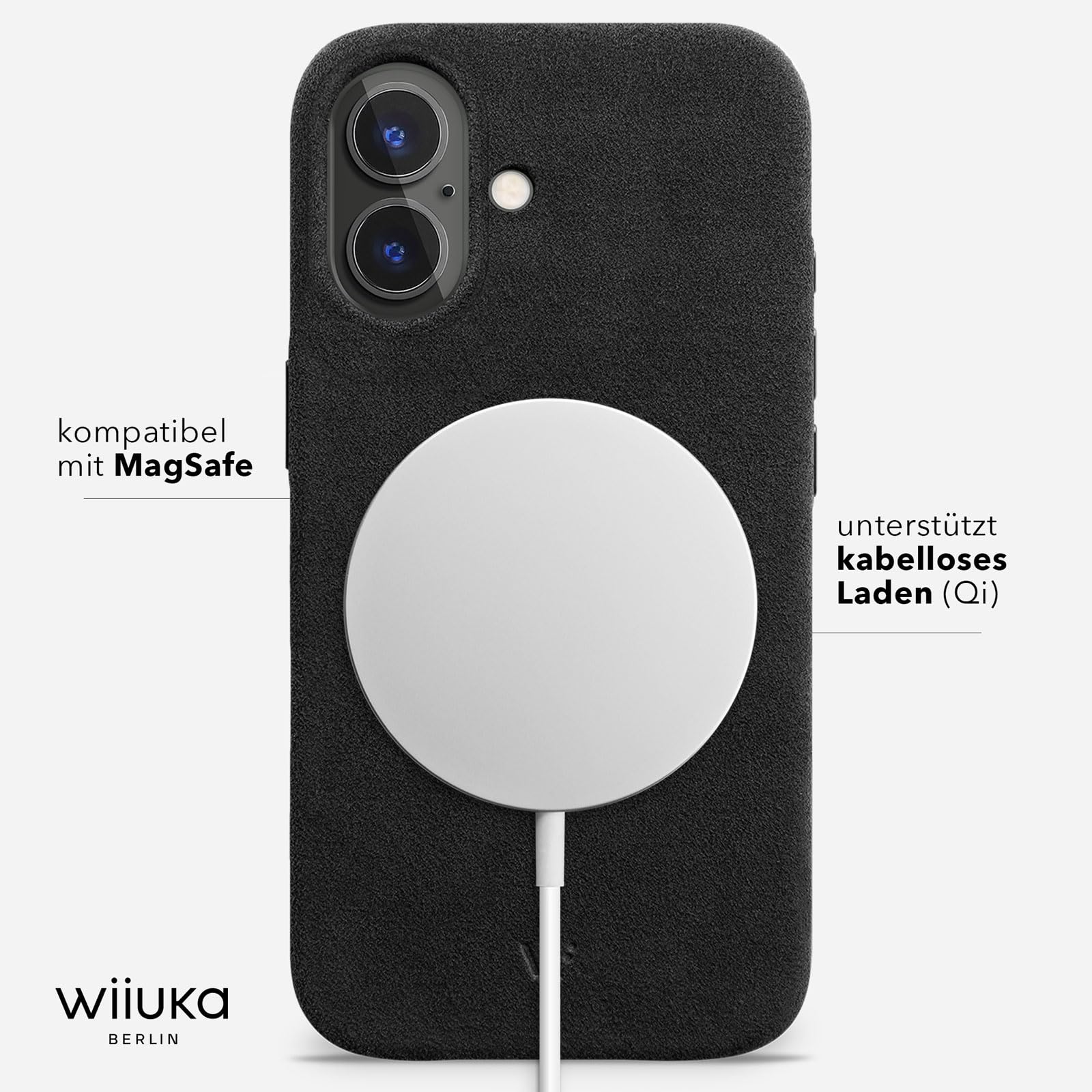 WIIUKA Etui do iPhone 17, oryginalne Alcantara®, ręcznie wykonane, bardzo cienkie, premium etui na telefon komórkowy, Case, Qi, alternatywa dla skóry, skiin Alcantara, czarne
