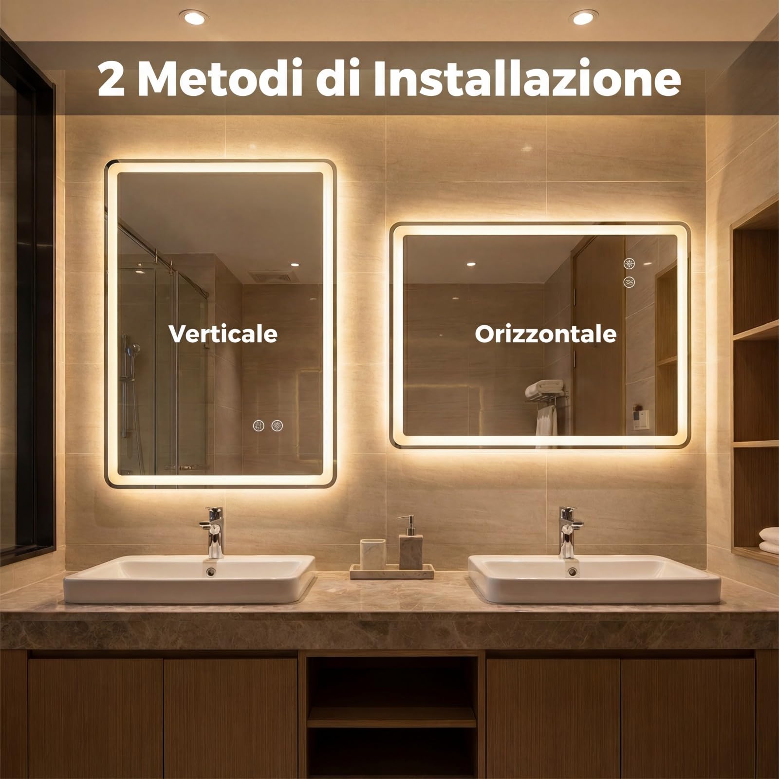 COSTWAY Specchio Bagno Rettangolare con Luce 80 x 60 cm | Speccho da Parete Retroilluminato Dimmerabile con 3 Colori di Illuminazione e Anti-Appannamento, Vetro Temperato Antiesplosio
