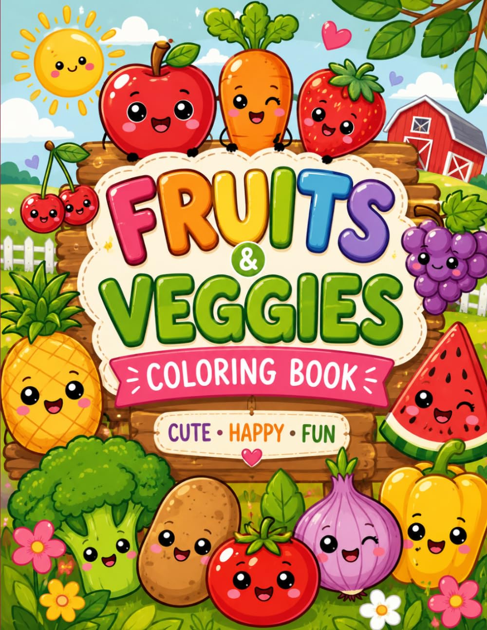 Cute Fruits & Veggies Coloring Book: Fun and Easy Kawaii Fruits & Vegetables Coloring Pages for Kids Ages 3–600